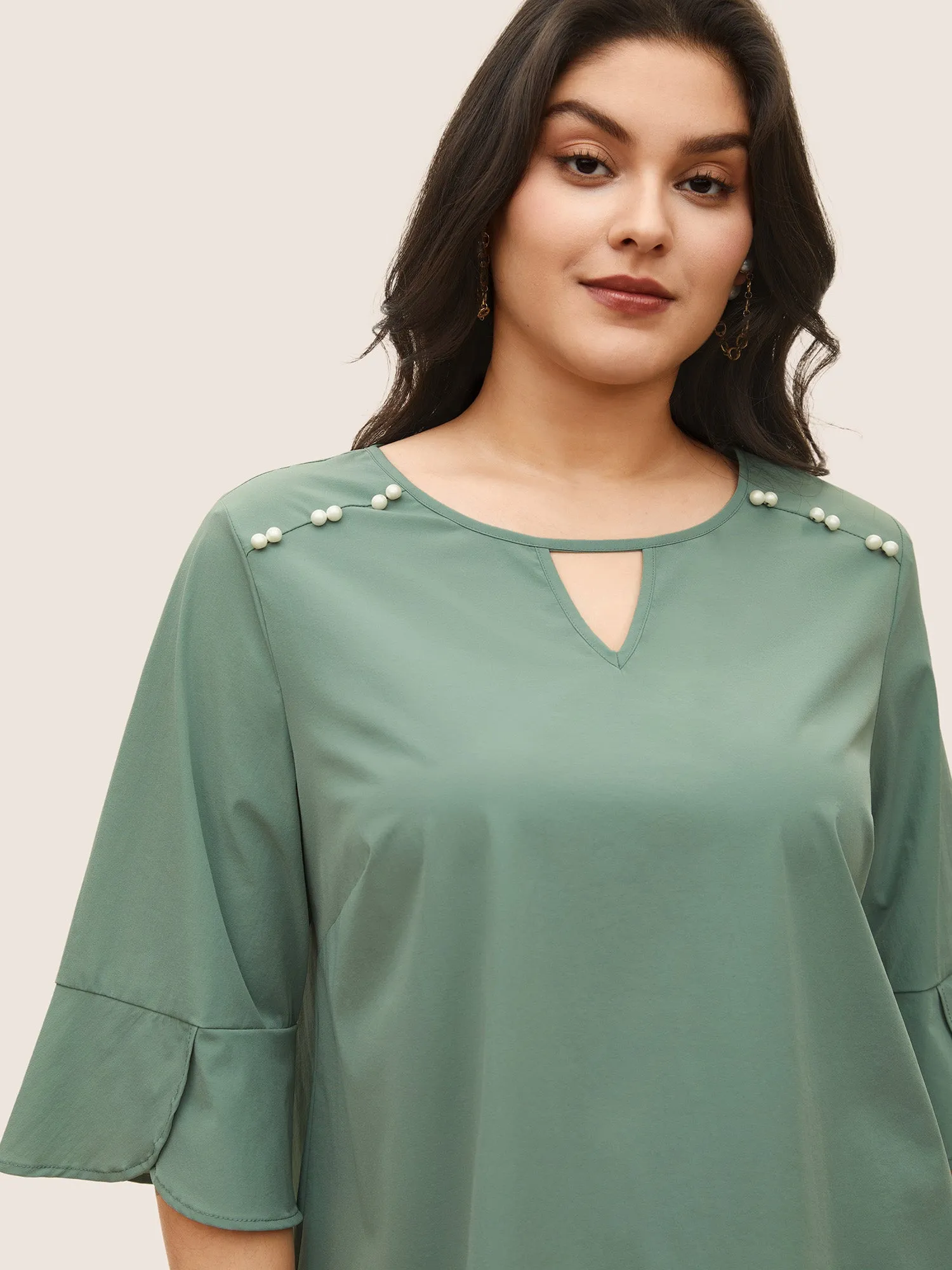 Stretchy Woven Keyhole Pearl Beaded Ruffle Sleeve Blouse sold by Bloomchic product image thumbnail 4