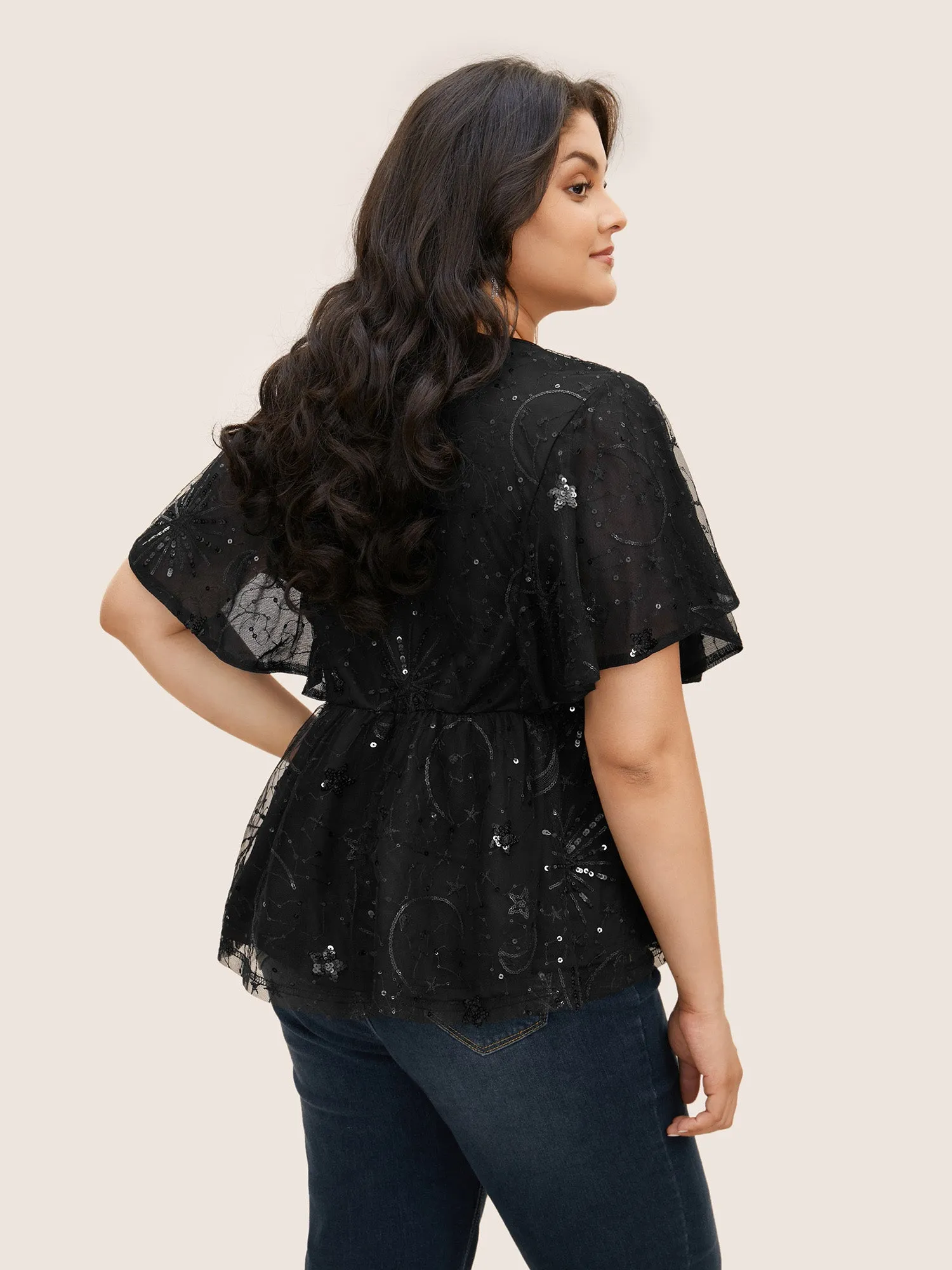 Overlap Collar Star Sequin Mesh Embroidered T-shirt sold by Bloomchic product image thumbnail 3