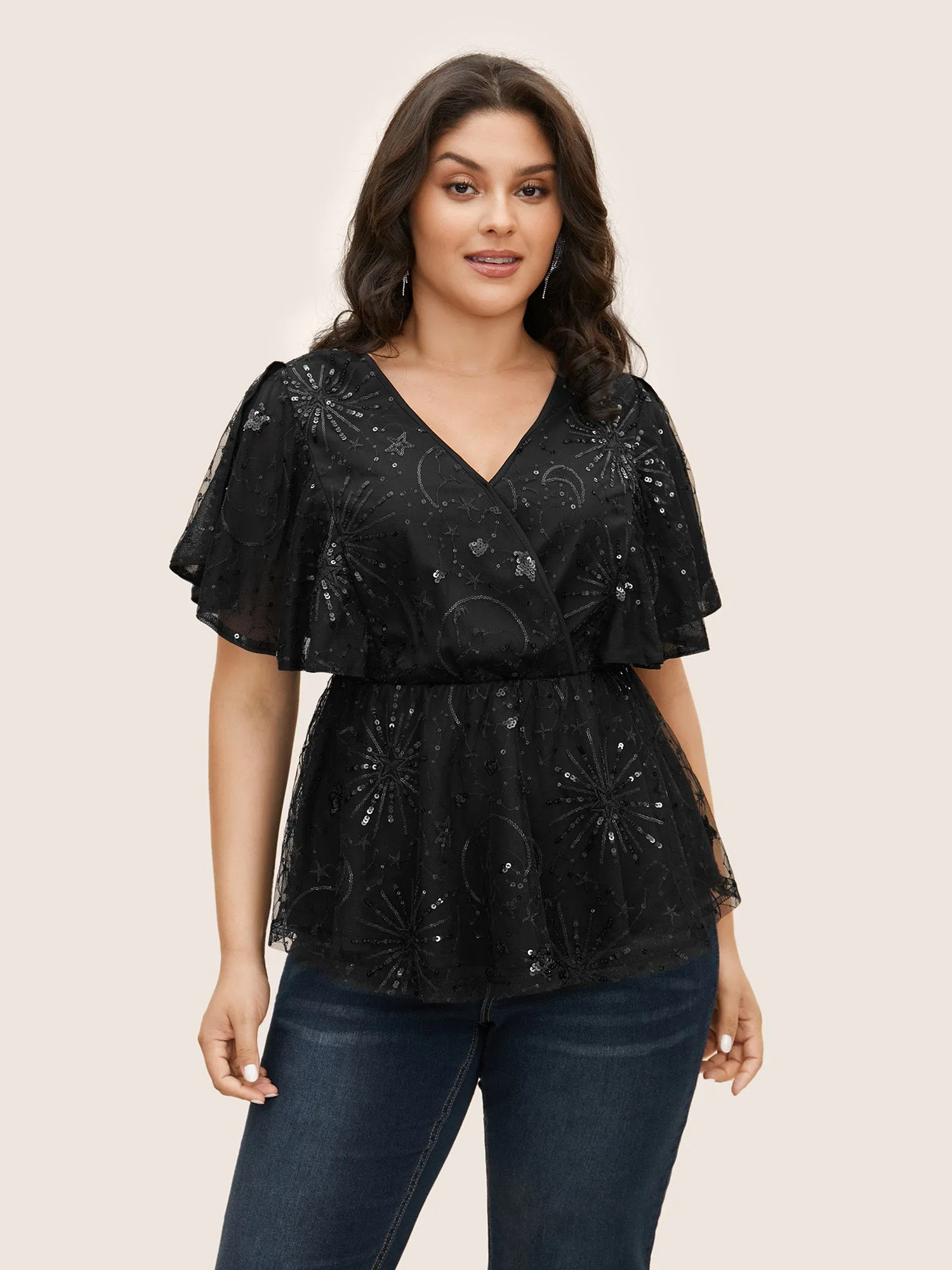 Overlap Collar Star Sequin Mesh Embroidered T-shirt sold by Bloomchic