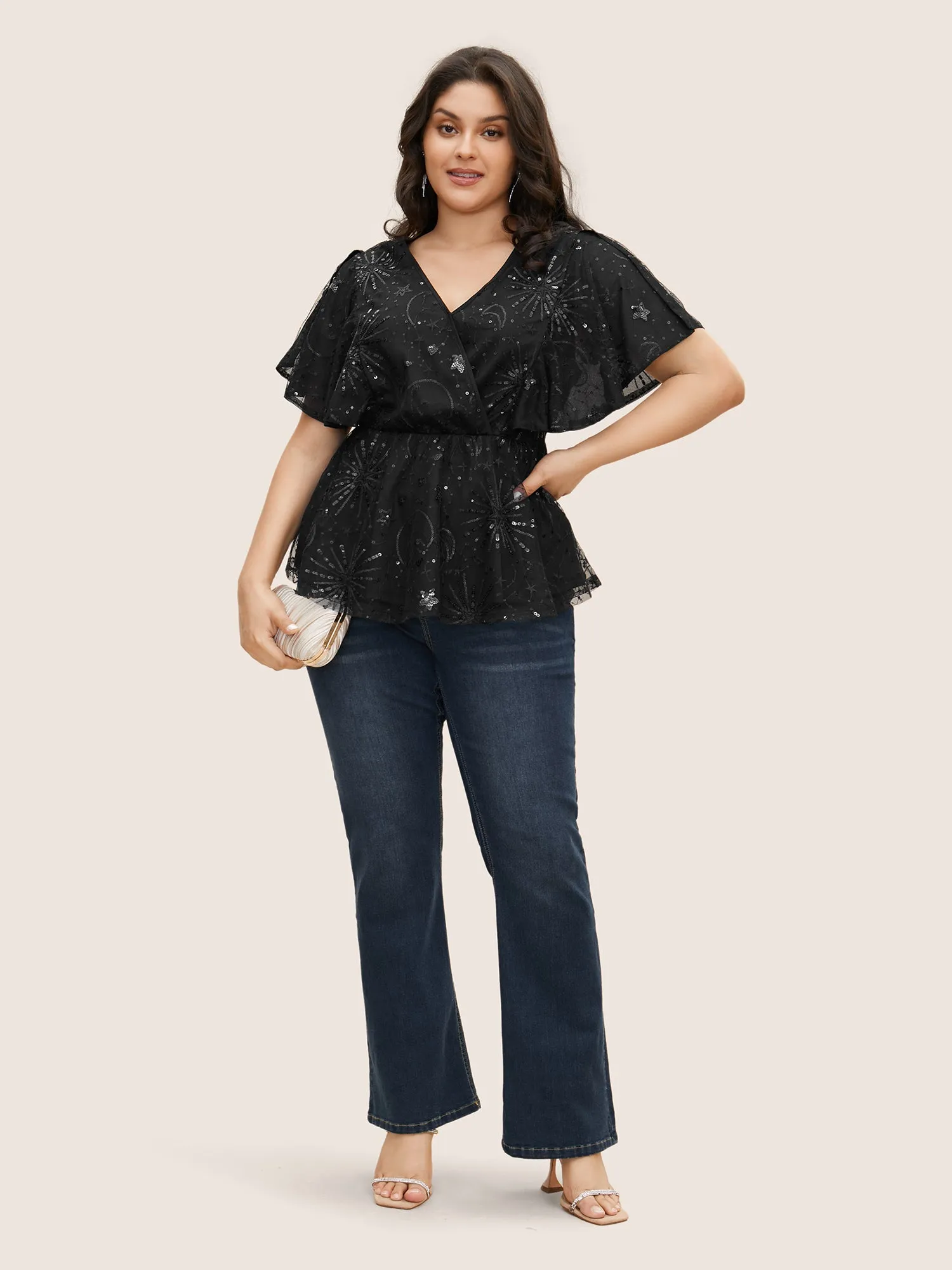 Overlap Collar Star Sequin Mesh Embroidered T-shirt sold by Bloomchic product image thumbnail 4