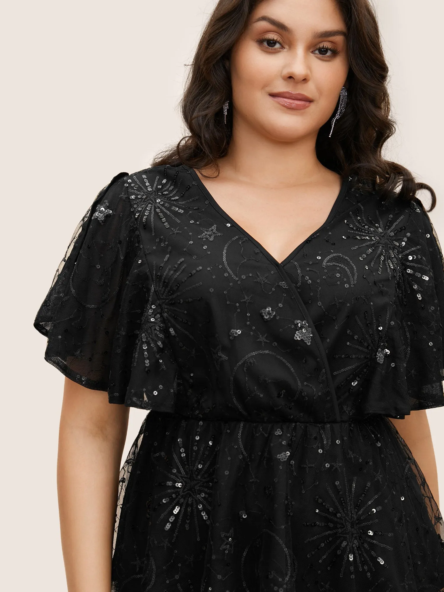 Overlap Collar Star Sequin Mesh Embroidered T-shirt sold by Bloomchic product image thumbnail 2
