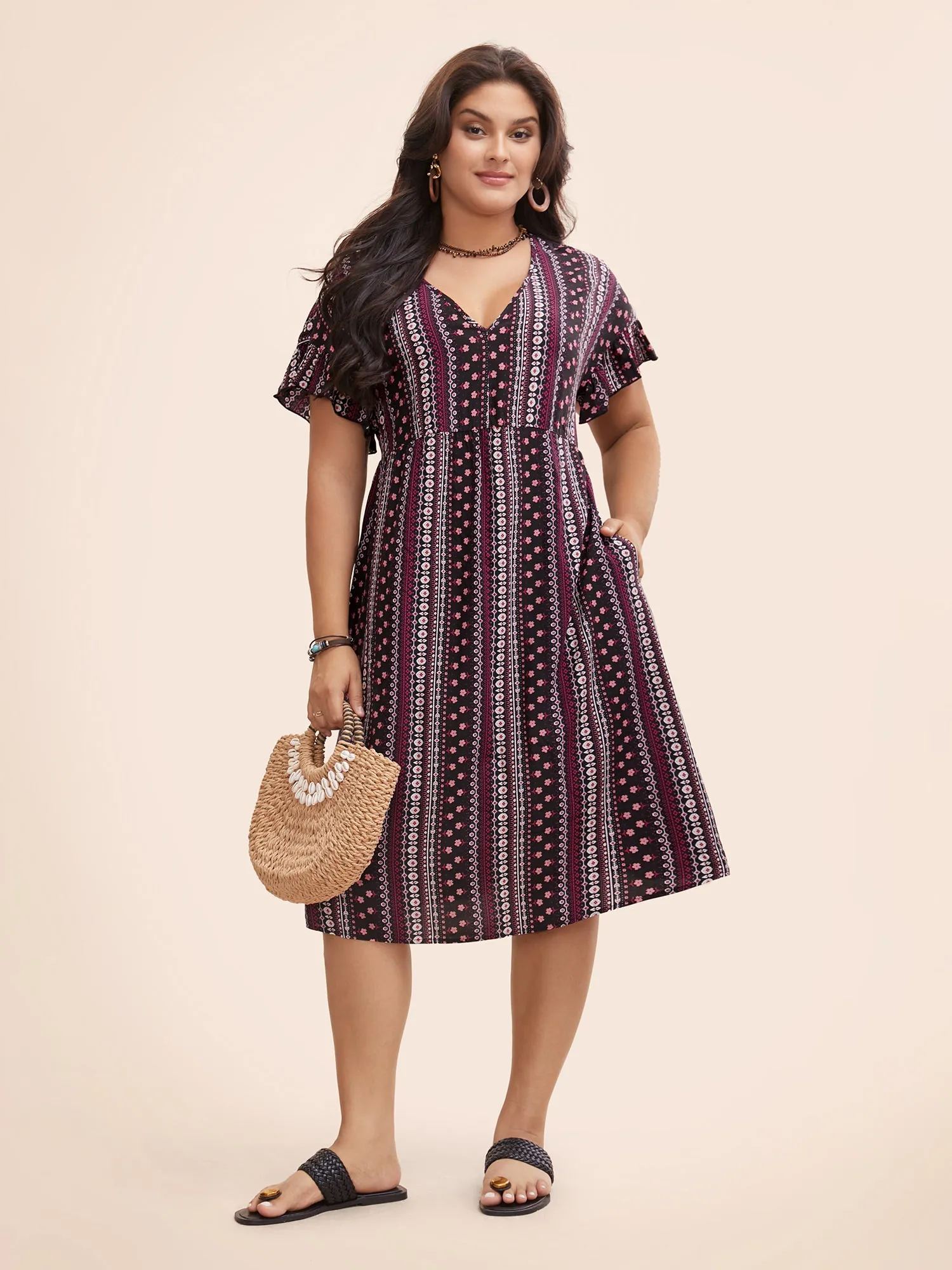 Bandana Print Pocket V Neck Ruffle Sleeve Dress sold by Bloomchic product image thumbnail 3