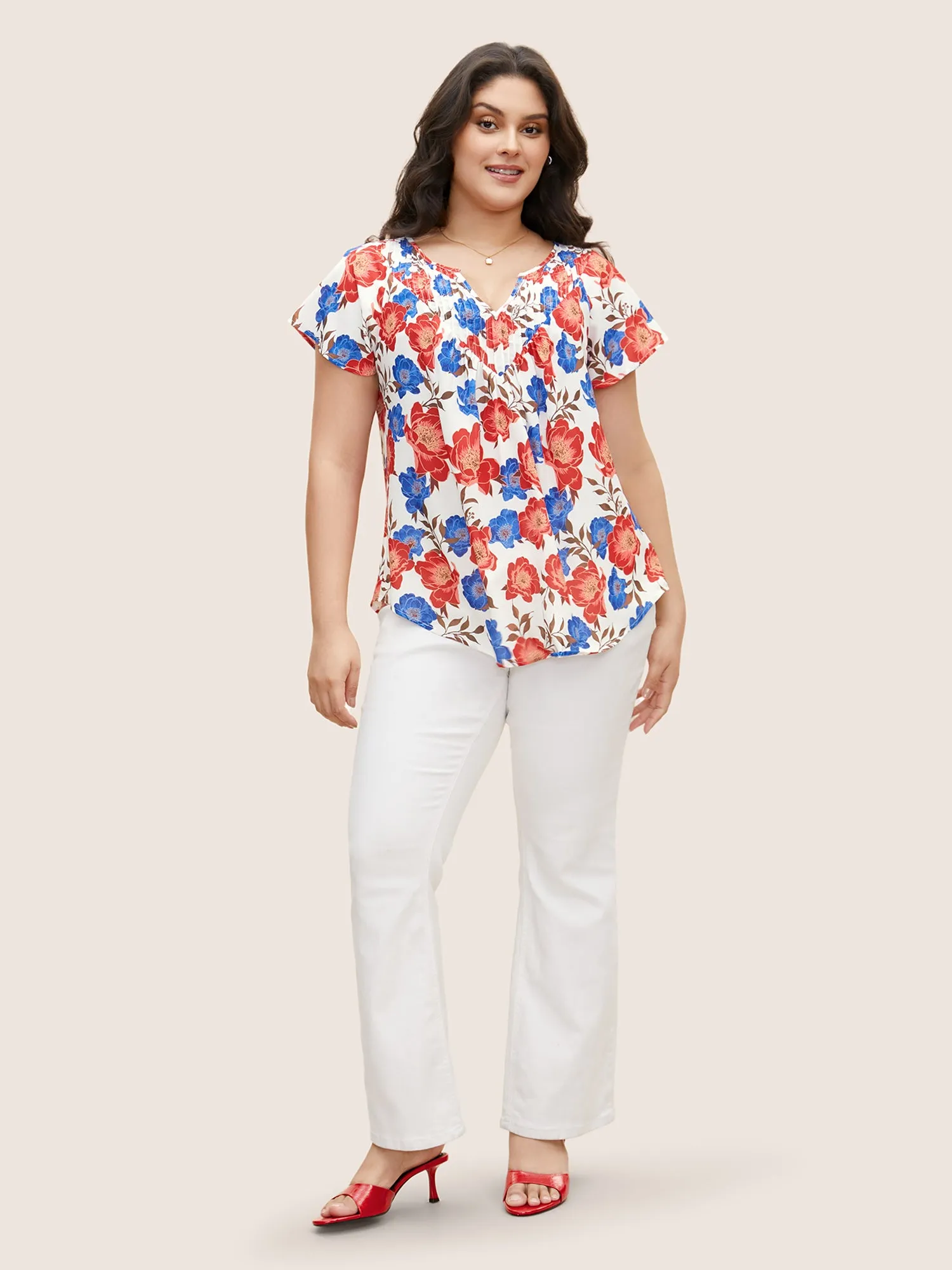 Floral Notched Collar Pleated Raglan Sleeve Blouse sold by Bloomchic product image thumbnail 2