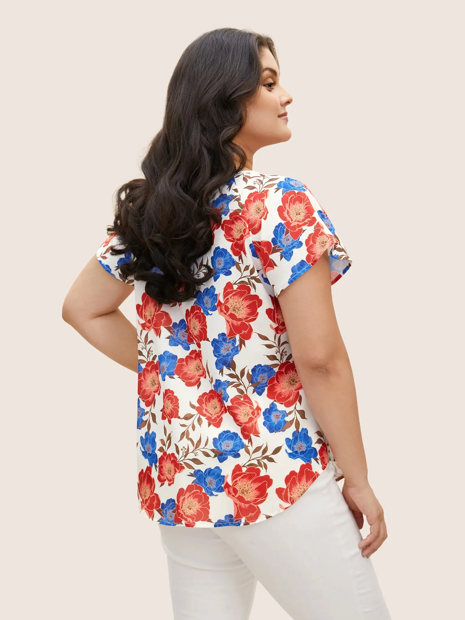 Floral Notched Collar Pleated Raglan Sleeve Blouse sold by Bloomchic product image thumbnail 4
