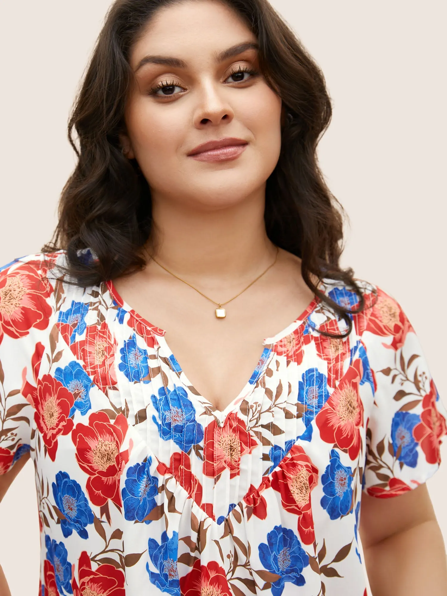 Floral Notched Collar Pleated Raglan Sleeve Blouse sold by Bloomchic product image thumbnail 3