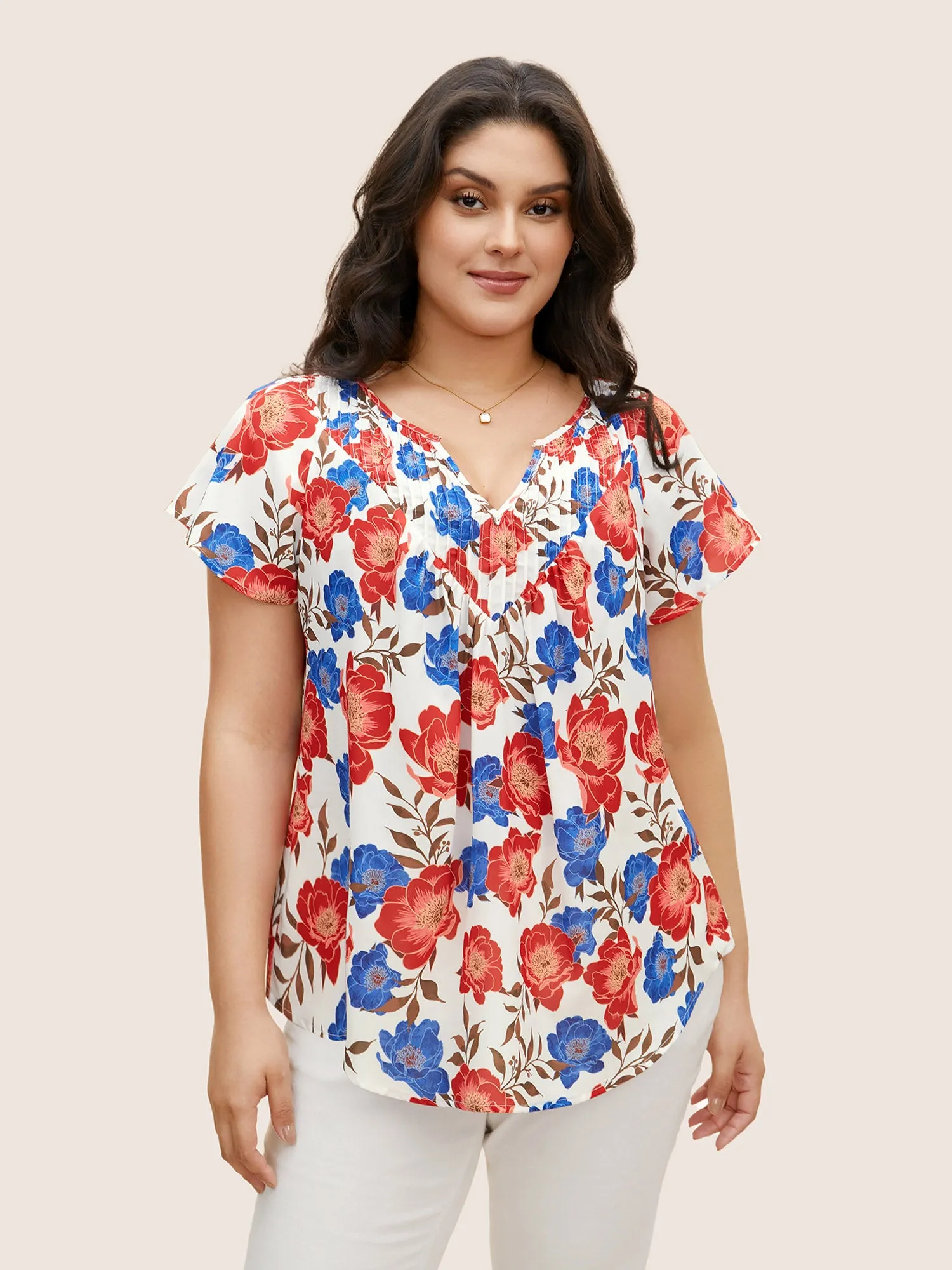 Floral Notched Collar Pleated Raglan Sleeve Blouse sold by Bloomchic