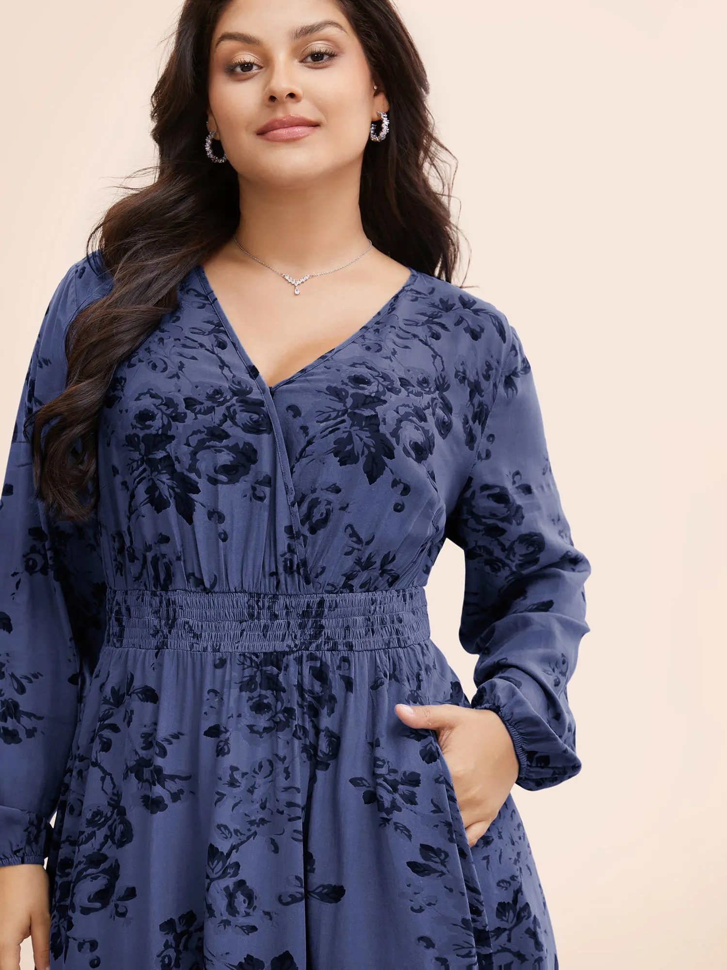 Floral Wrap Lantern Sleeve Pocket Shirred Ruffle Hem Dress sold by Bloomchic product image thumbnail 2