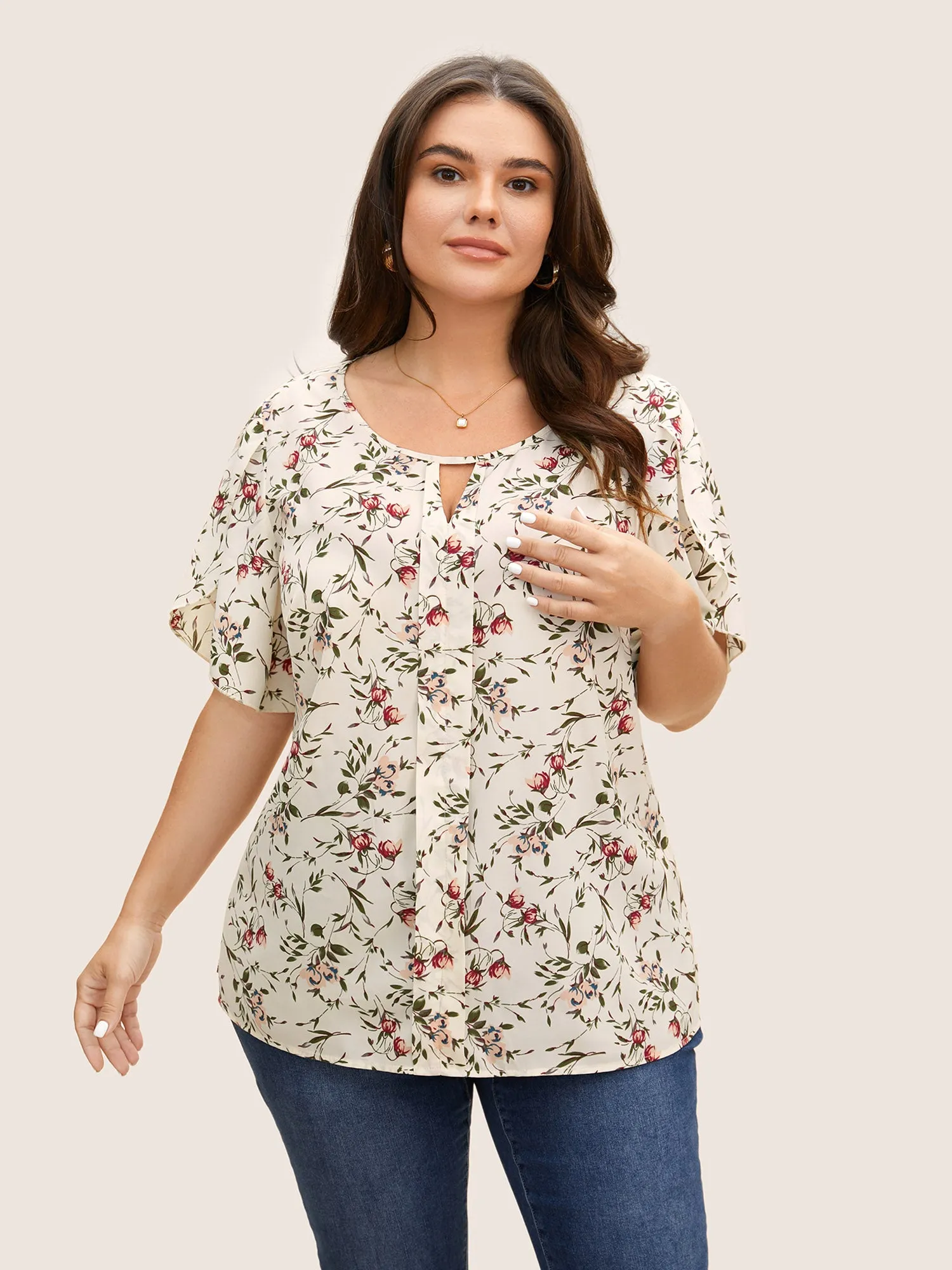 Floral Keyhole Petal Sleeve Split Side Blouse sold by Bloomchic