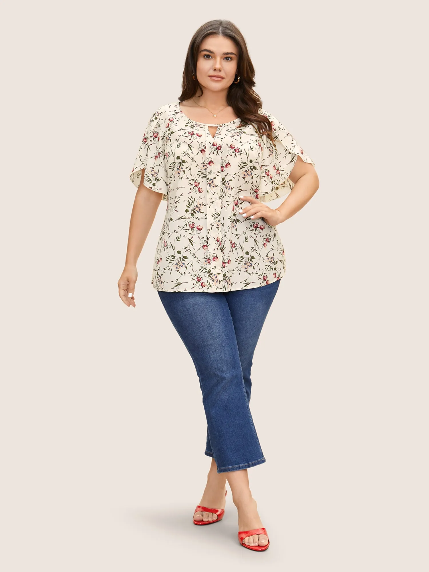 Floral Keyhole Petal Sleeve Split Side Blouse sold by Bloomchic product image thumbnail 2