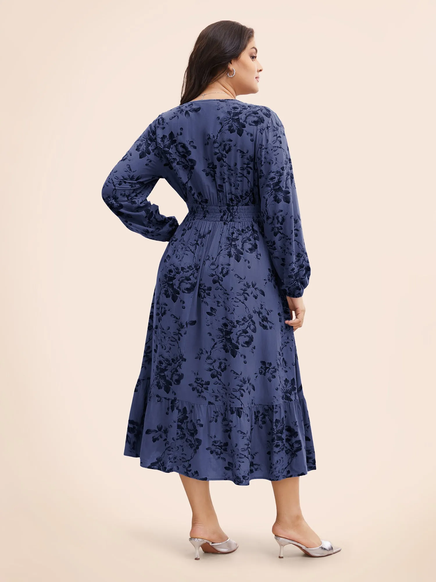 Floral Wrap Lantern Sleeve Pocket Shirred Ruffle Hem Dress sold by Bloomchic product image thumbnail 4