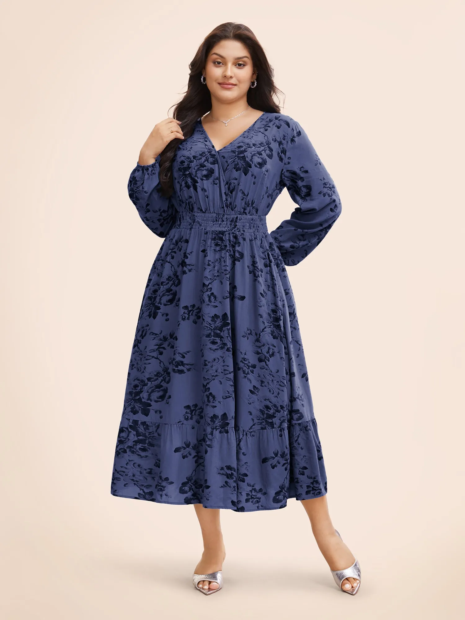 Floral Wrap Lantern Sleeve Pocket Shirred Ruffle Hem Dress sold by Bloomchic product image thumbnail 3