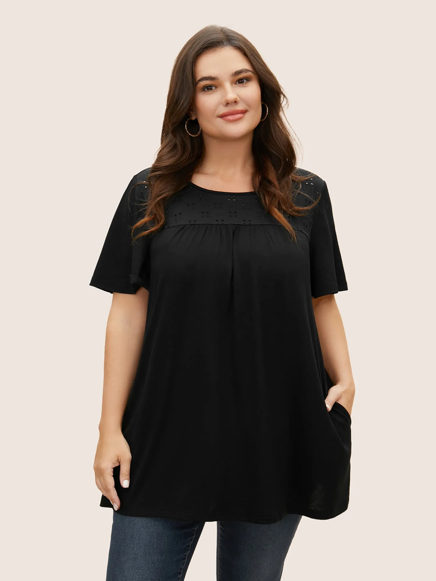 Broderie Anglaise Ruffle Sleeve Pocket T-shirt sold by Bloomchic