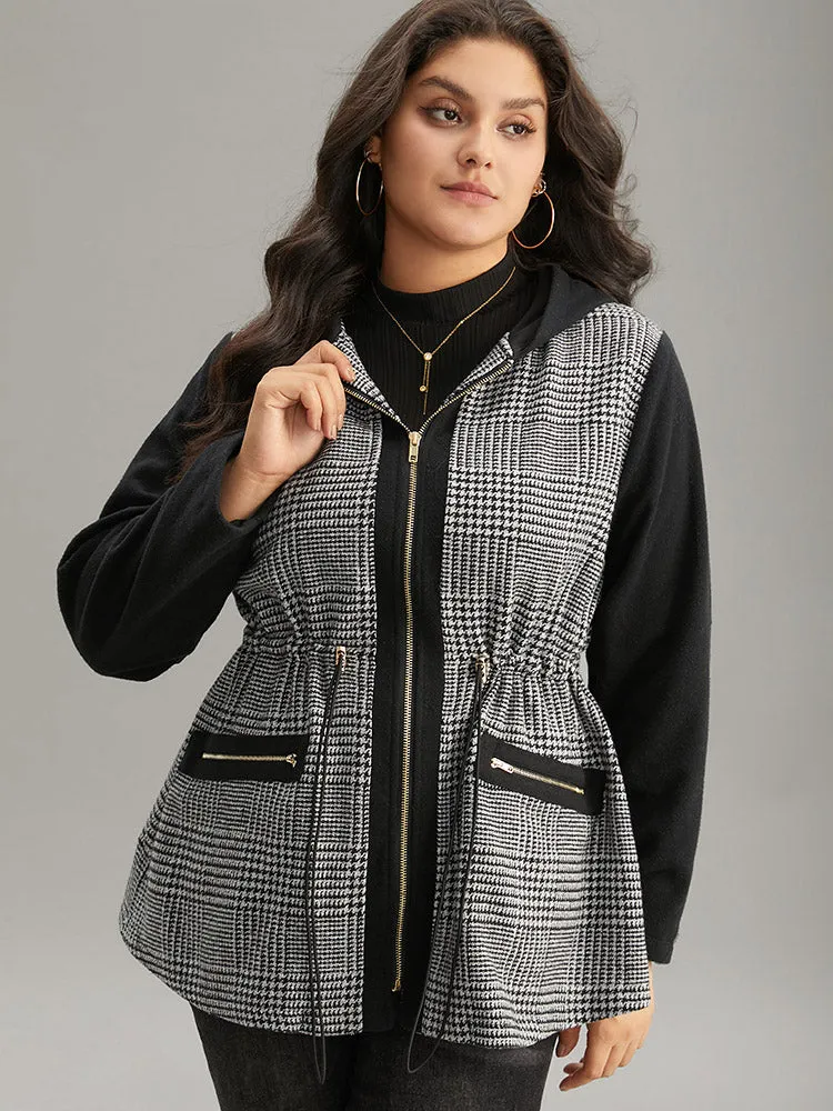 Houndstooth Patchwork Zipper Drawstring Coat sold by Bloomchic