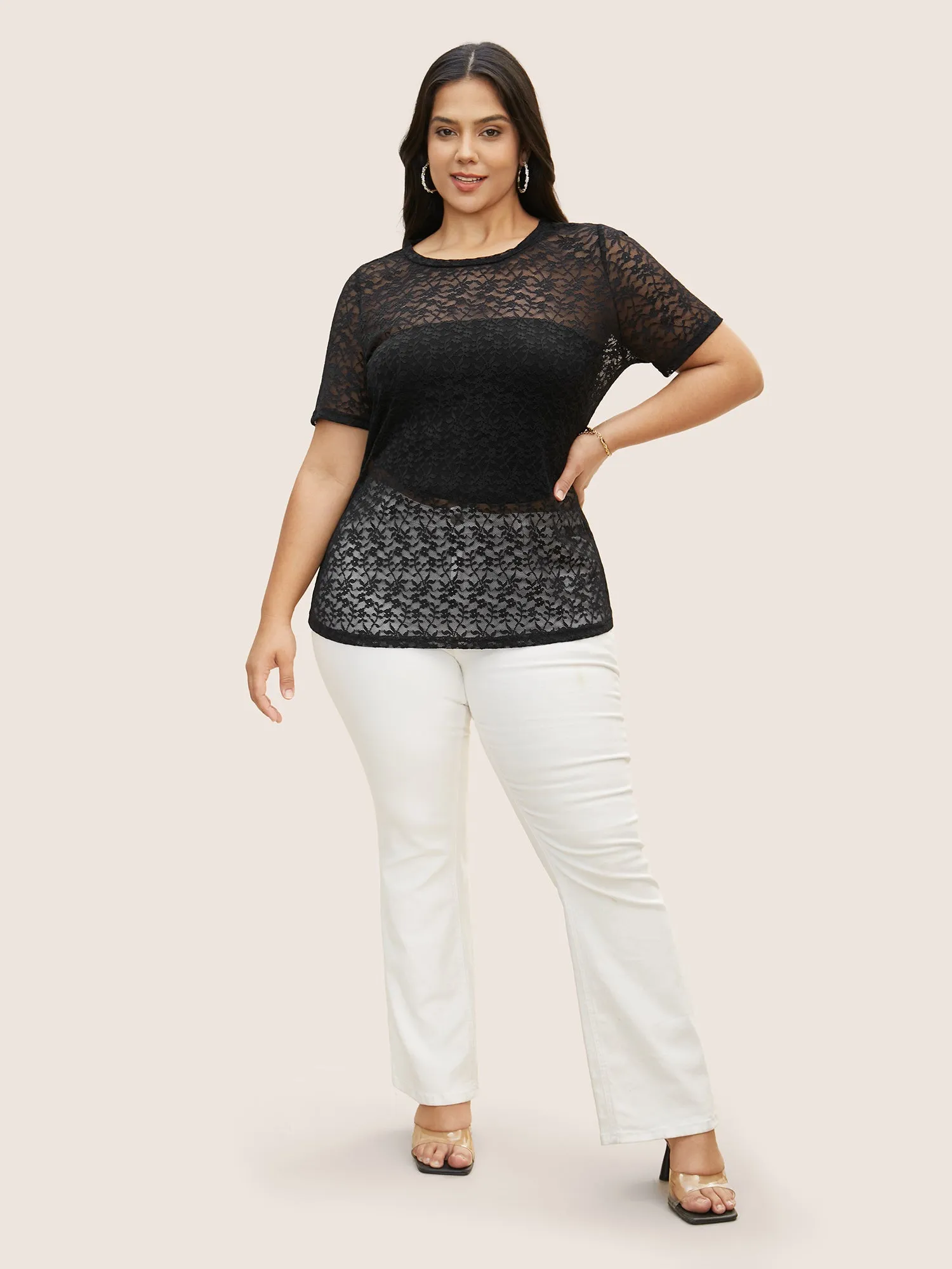 Crochet Lace Mesh Crew Neck T-shirt sold by Bloomchic product image thumbnail 2