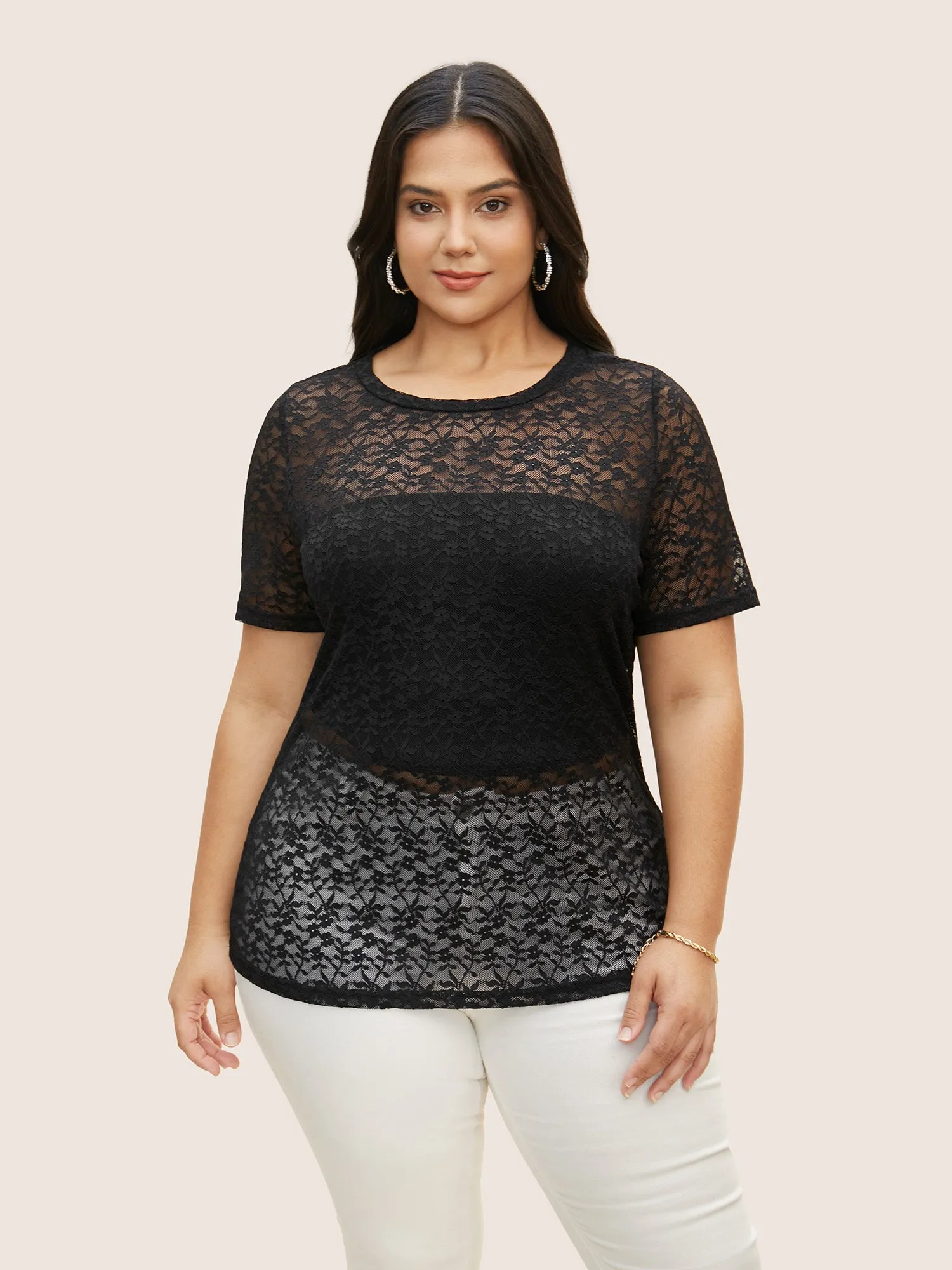 Crochet Lace Mesh Crew Neck T-shirt sold by Bloomchic