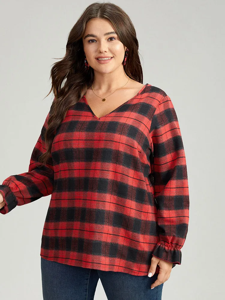 Plaid V Neck Lantern Sleeve Ruffles Blouse sold by Bloomchic product image thumbnail 2