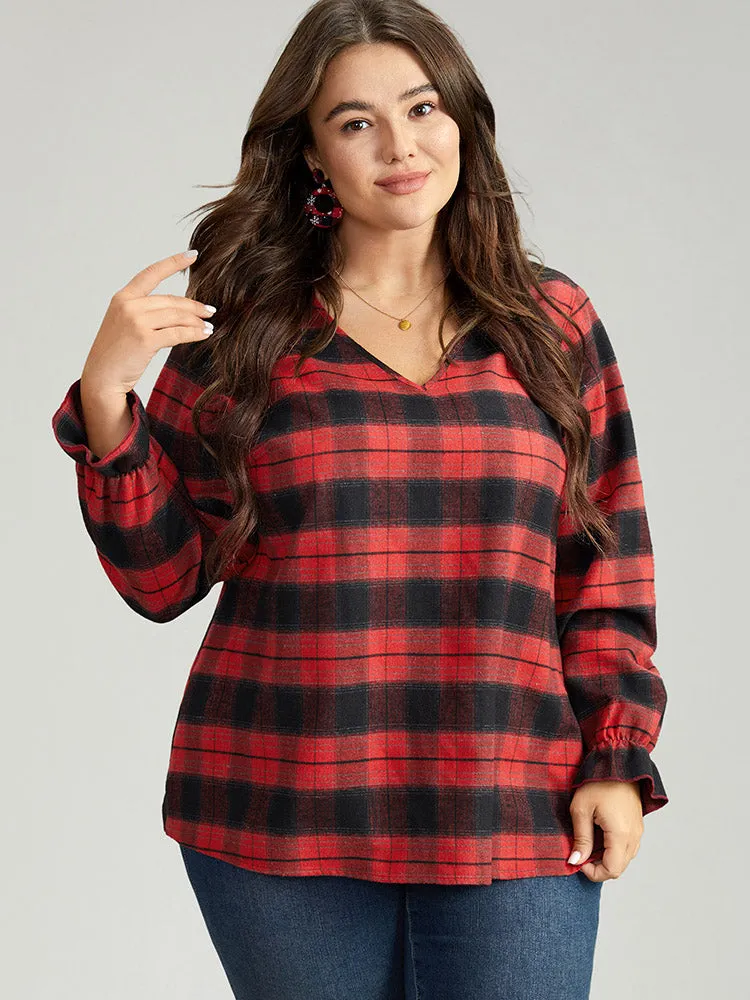 Plaid V Neck Lantern Sleeve Ruffles Blouse sold by Bloomchic