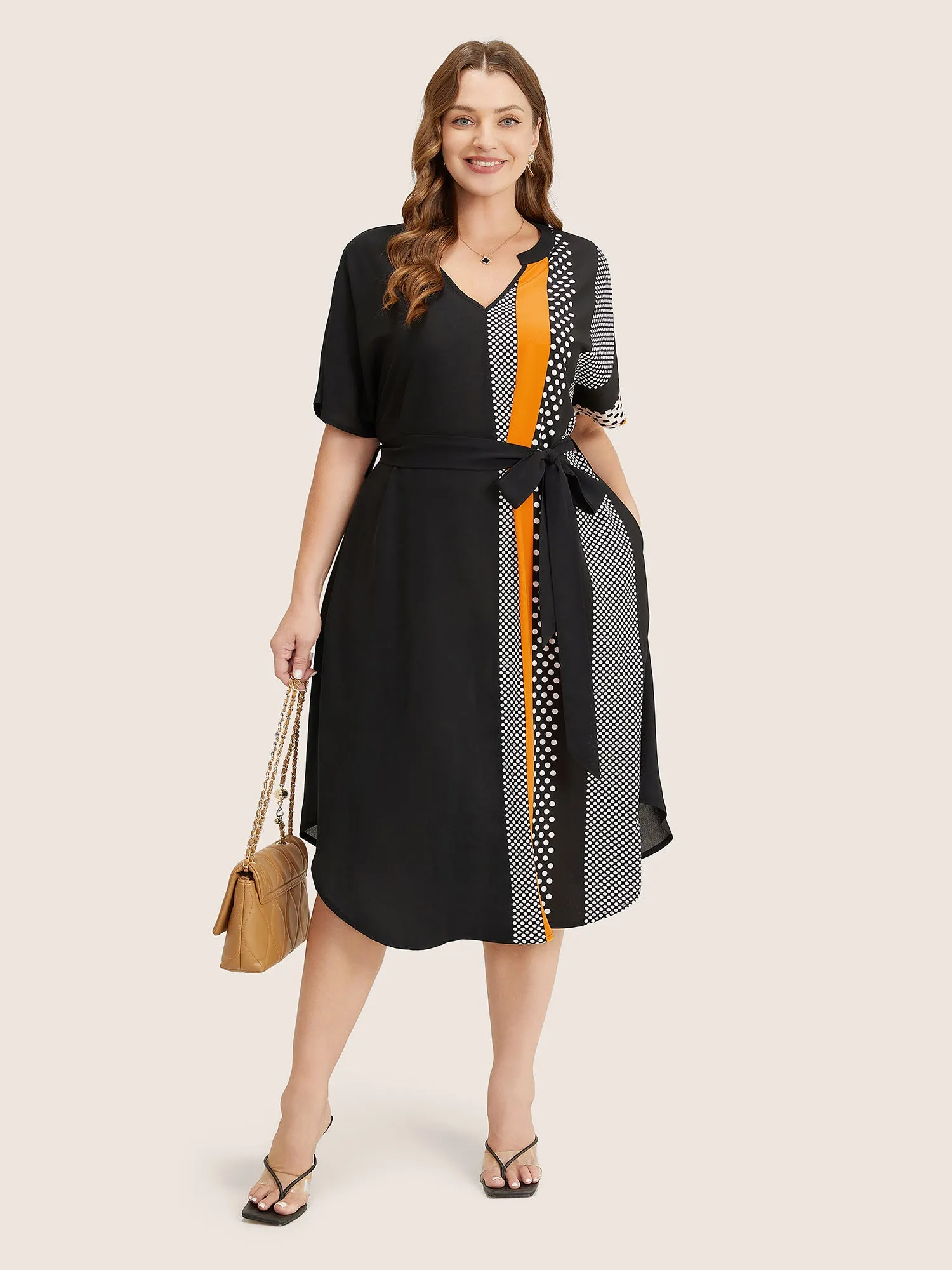 Striped Patchwork Arc Hem Pocket Batwing Sleeve Belt Dress sold by Bloomchic product image thumbnail 3