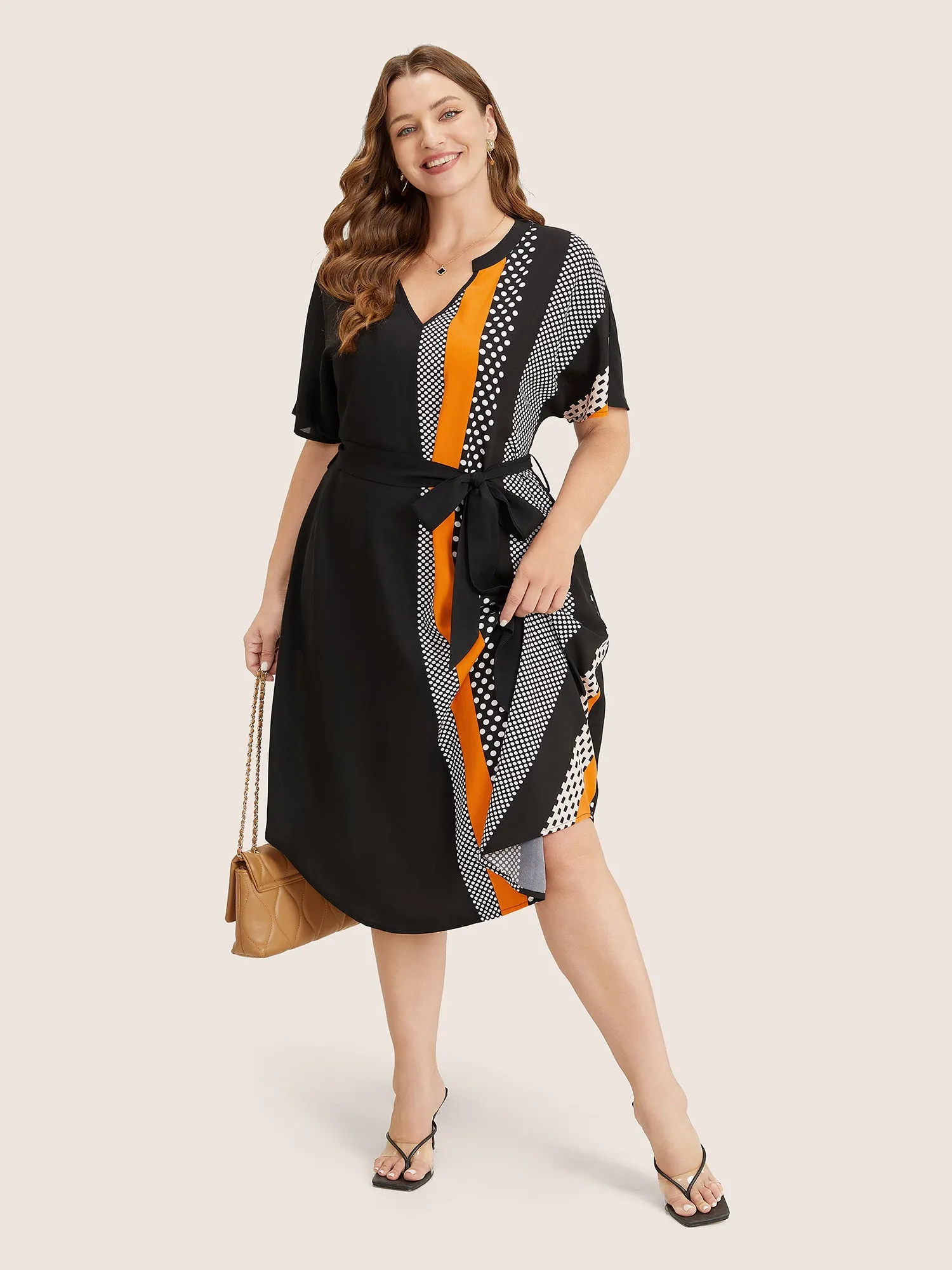 Striped Patchwork Arc Hem Pocket Batwing Sleeve Belt Dress sold by Bloomchic product image thumbnail 4