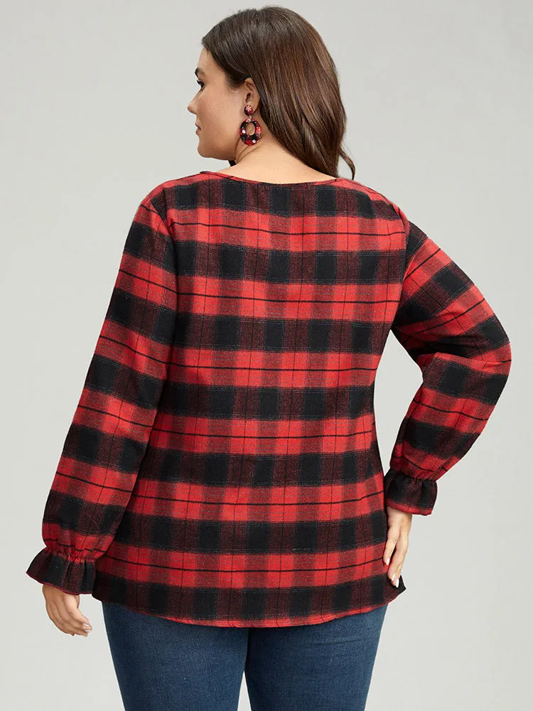 Plaid V Neck Lantern Sleeve Ruffles Blouse sold by Bloomchic product image thumbnail 3