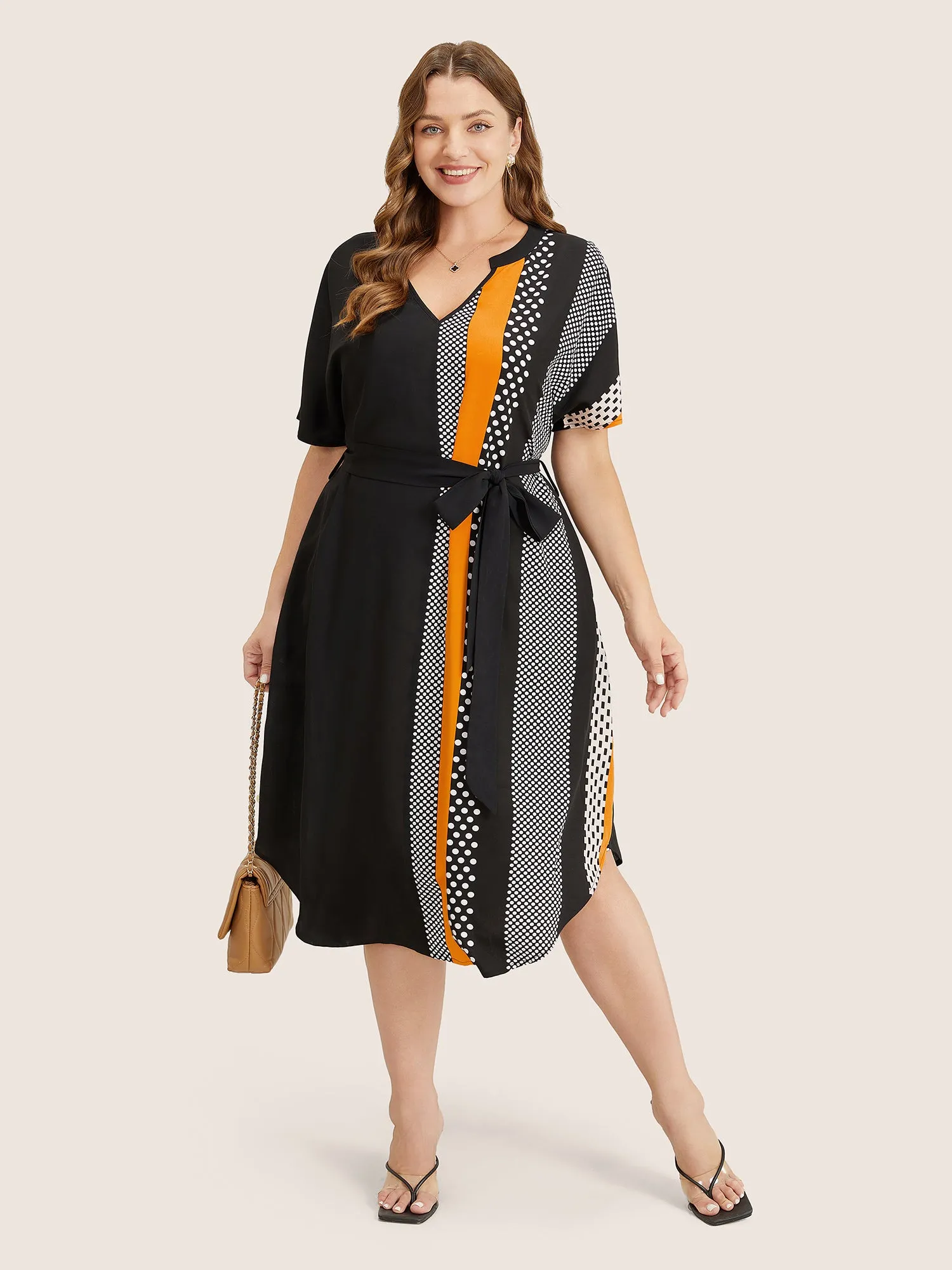 Striped Patchwork Arc Hem Pocket Batwing Sleeve Belt Dress sold by Bloomchic