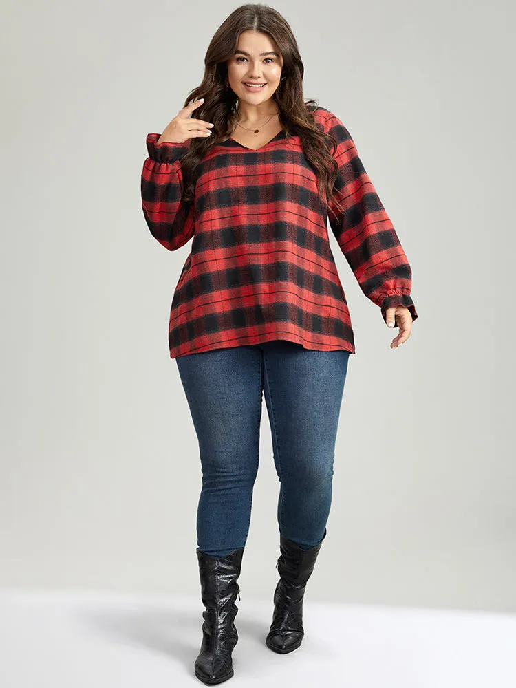 Plaid V Neck Lantern Sleeve Ruffles Blouse sold by Bloomchic product image thumbnail 4