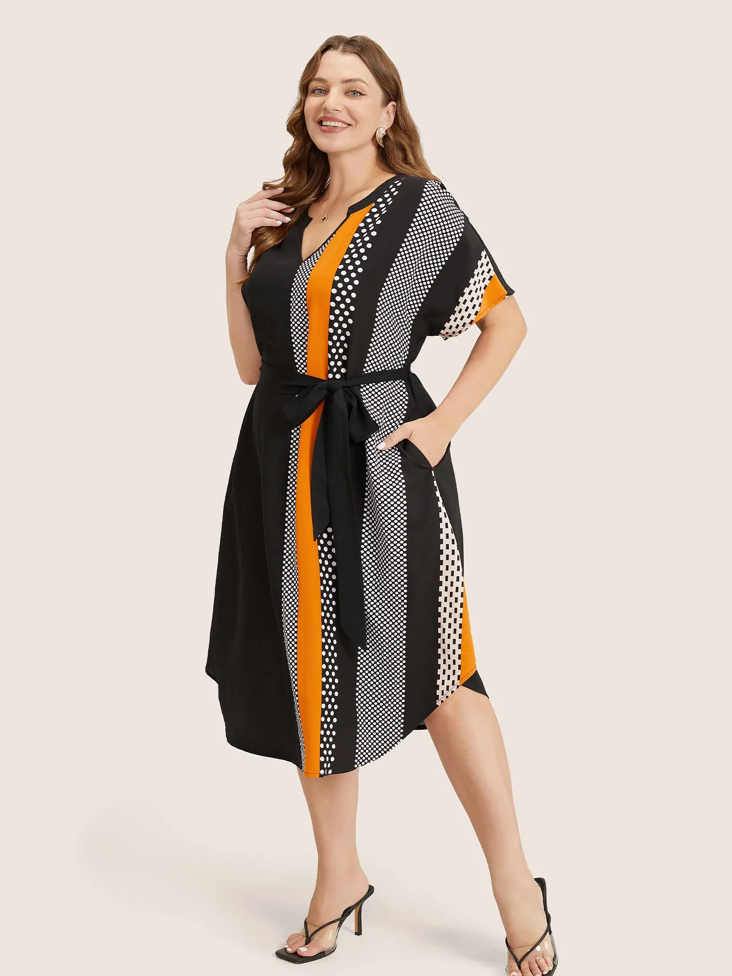 Striped Patchwork Arc Hem Pocket Batwing Sleeve Belt Dress sold by Bloomchic product image thumbnail 2