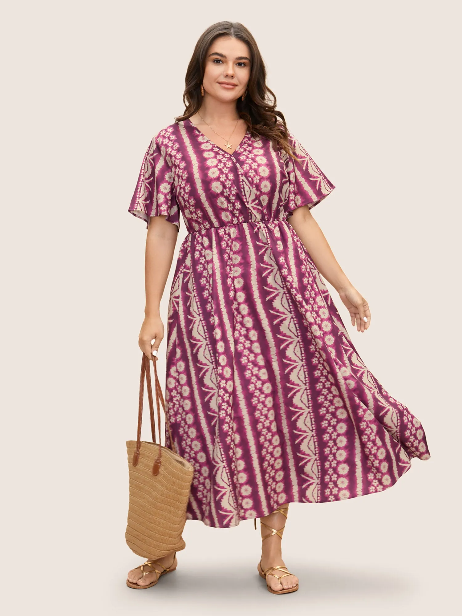 Floral Tie Dye Overlap Collar Ruffle Sleeve Dress sold by Bloomchic