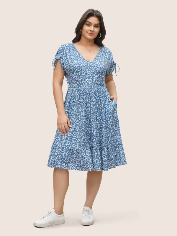 Ditsy Floral Drawstring Batwing Sleeve Ruffle Hem Dress sold by Bloomchic