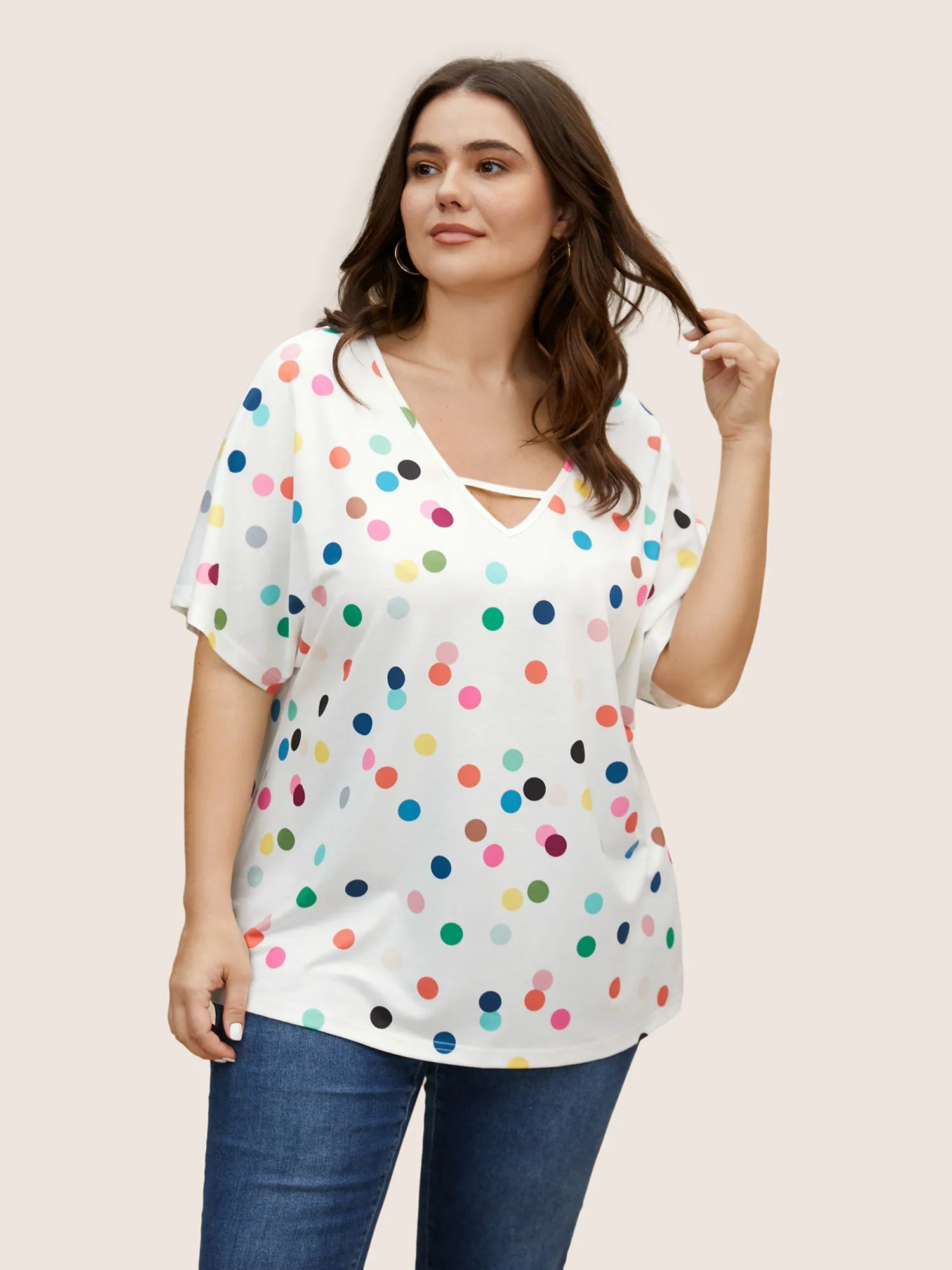 Contrast Polka Dot Keyhole Dolman Sleeve T-shirt sold by Bloomchic product image thumbnail 5
