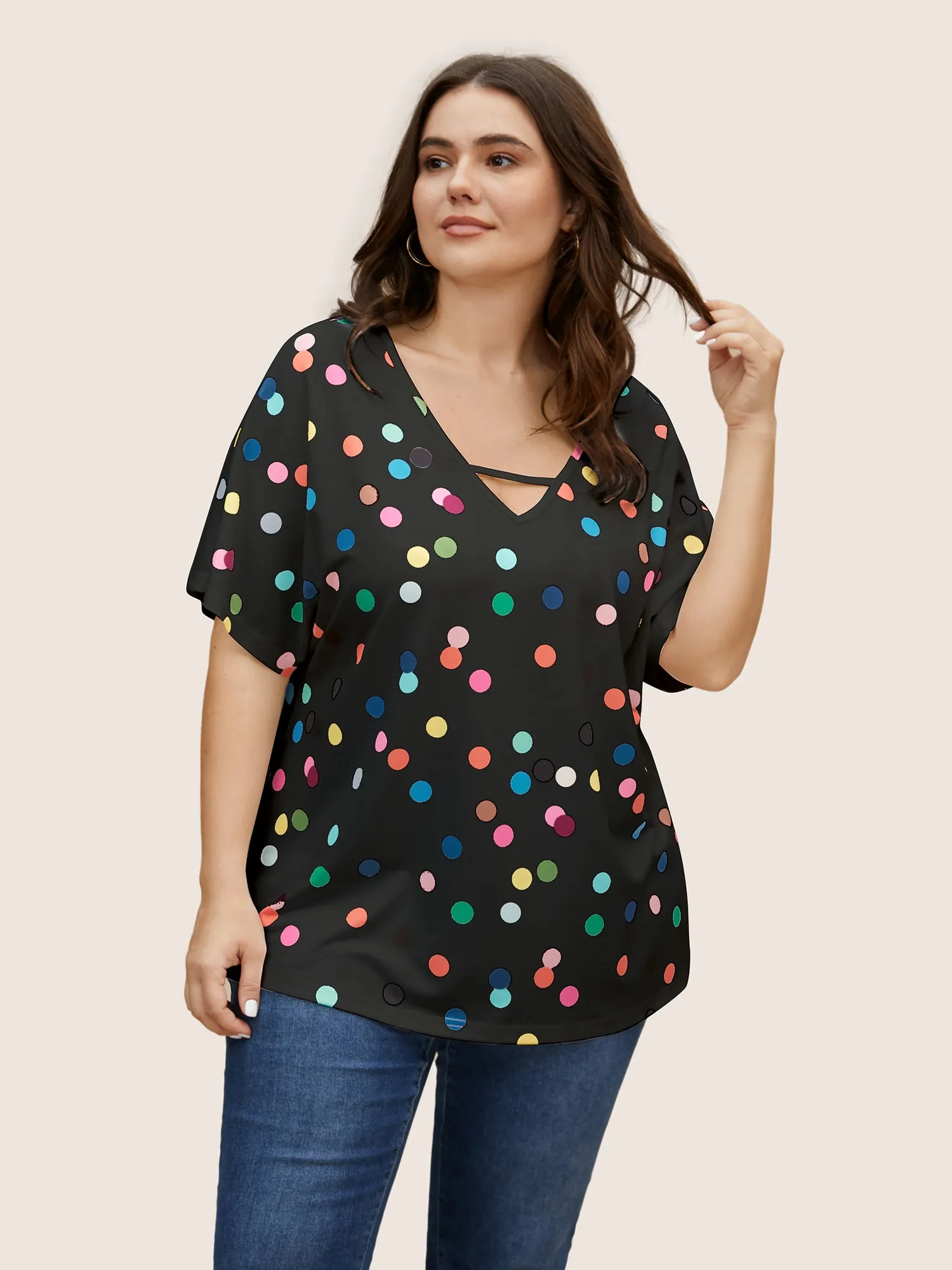 Contrast Polka Dot Keyhole Dolman Sleeve T-shirt sold by Bloomchic