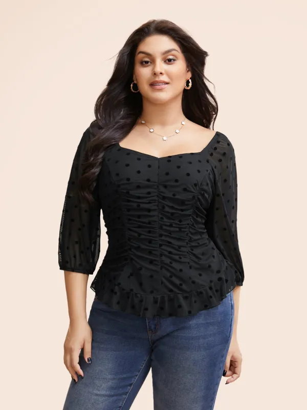Polka Dot Ruffles Ruched Raglan Sleeve Blouse sold by Bloomchic