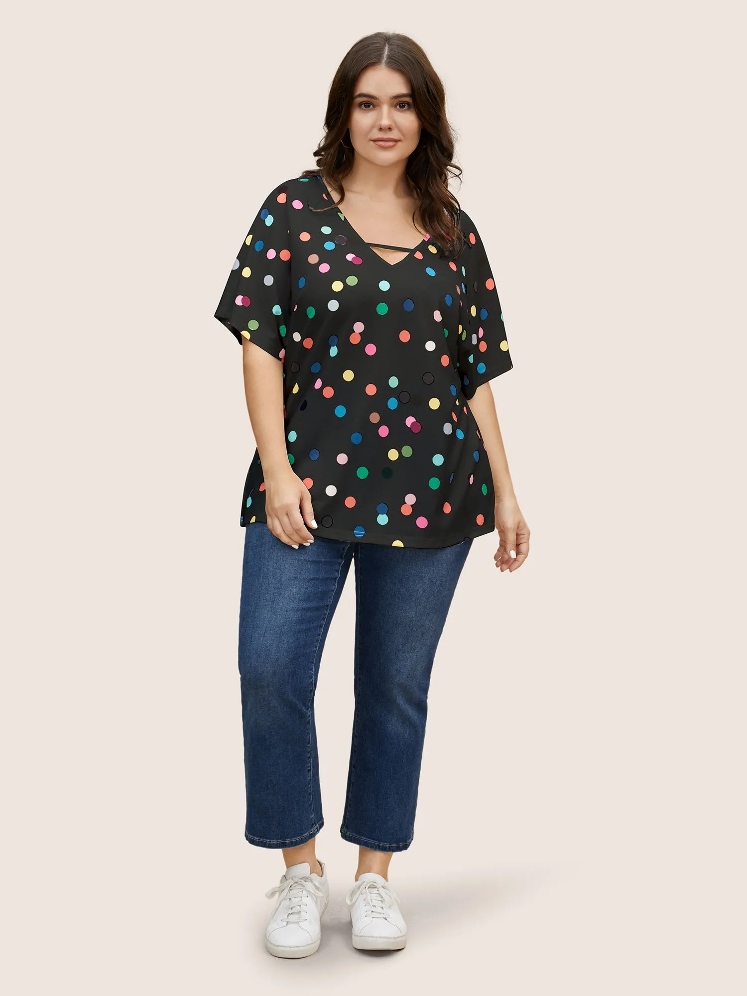 Contrast Polka Dot Keyhole Dolman Sleeve T-shirt sold by Bloomchic product image thumbnail 4