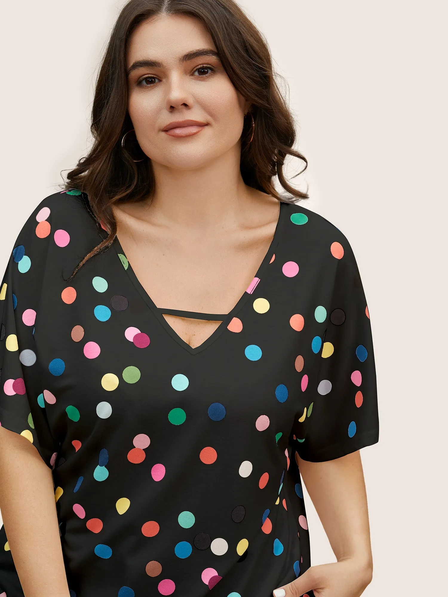 Contrast Polka Dot Keyhole Dolman Sleeve T-shirt sold by Bloomchic product image thumbnail 3