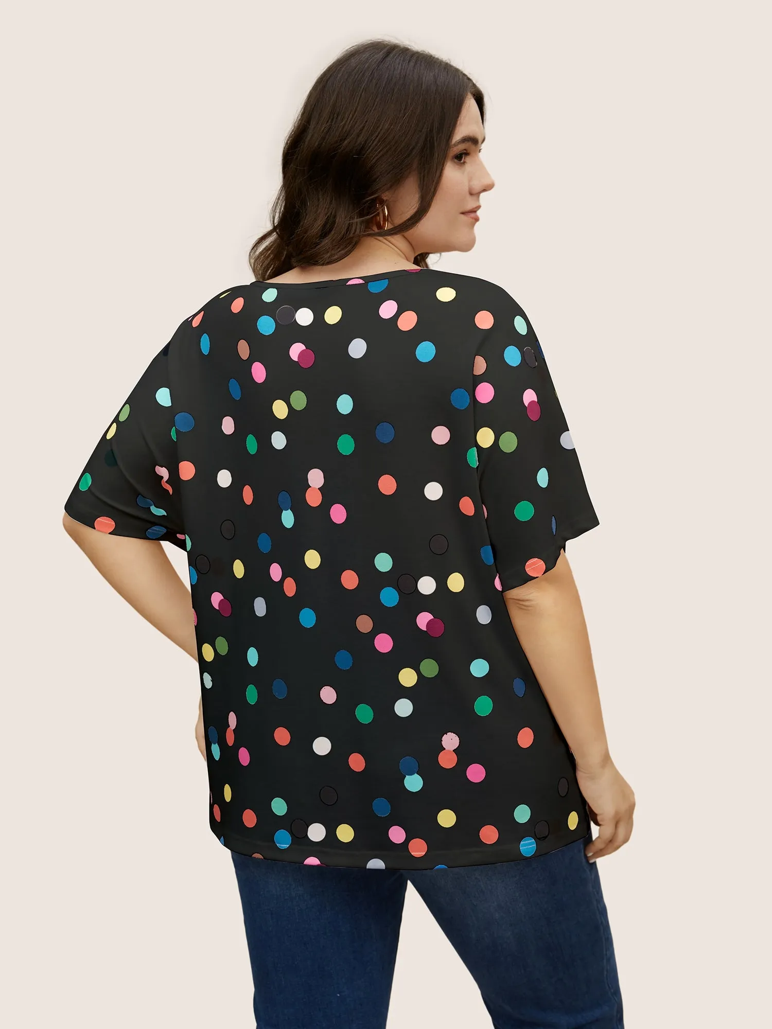Contrast Polka Dot Keyhole Dolman Sleeve T-shirt sold by Bloomchic product image thumbnail 2