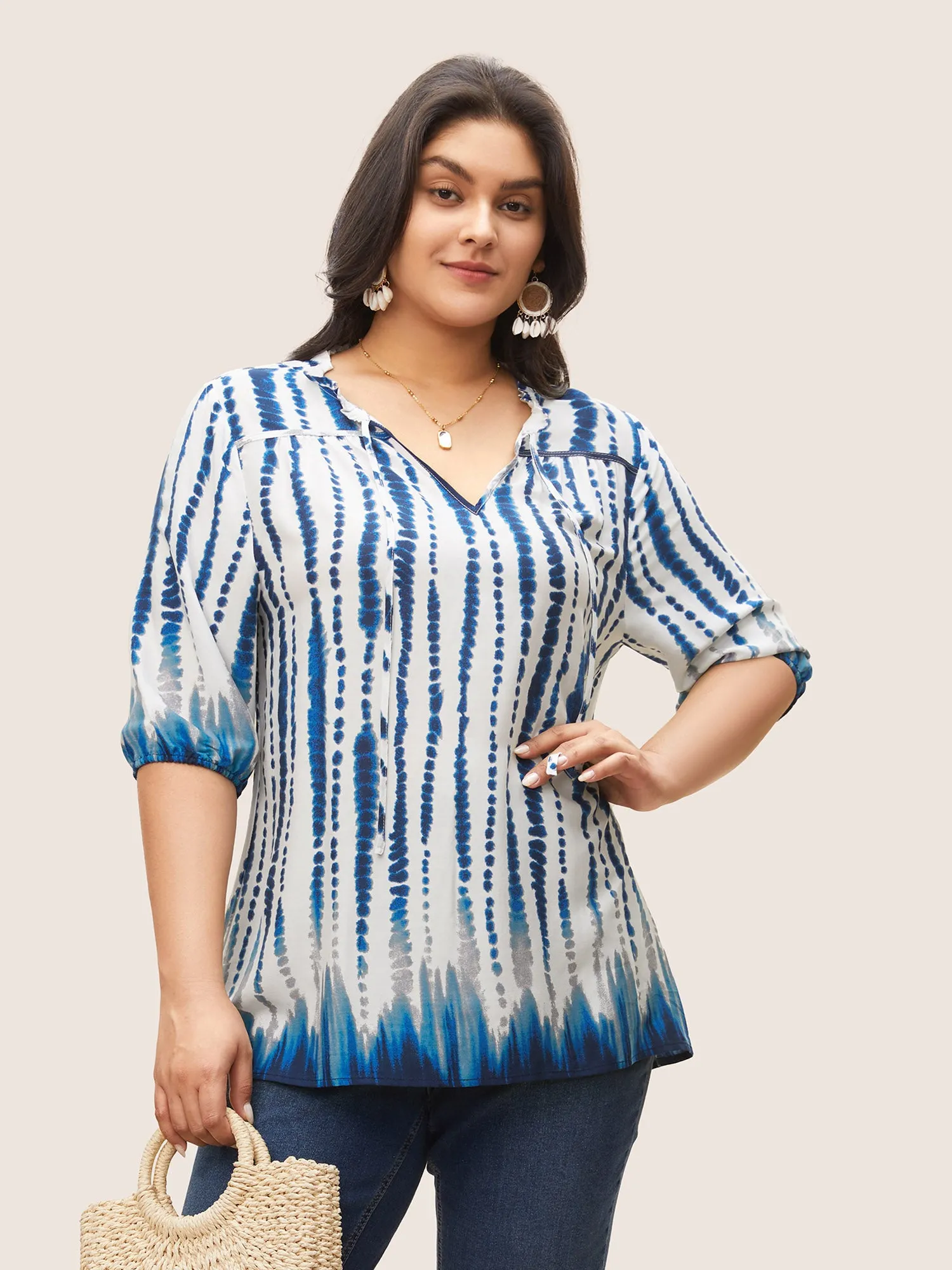 Tie Dye Tie Neck Frill Trim Blouse sold by Bloomchic