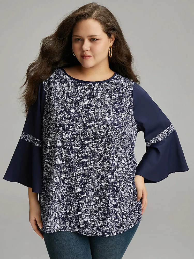 Patchwork Crew Neck Ruffle Sleeve Blouse sold by Bloomchic