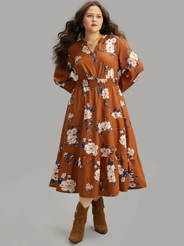 Floral Print Notched Shirred Elastic Cuffs Dress sold by Bloomchic