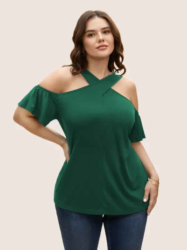 Solid Overlap Collar Ruffle Sleeve T-shirt sold by Bloomchic