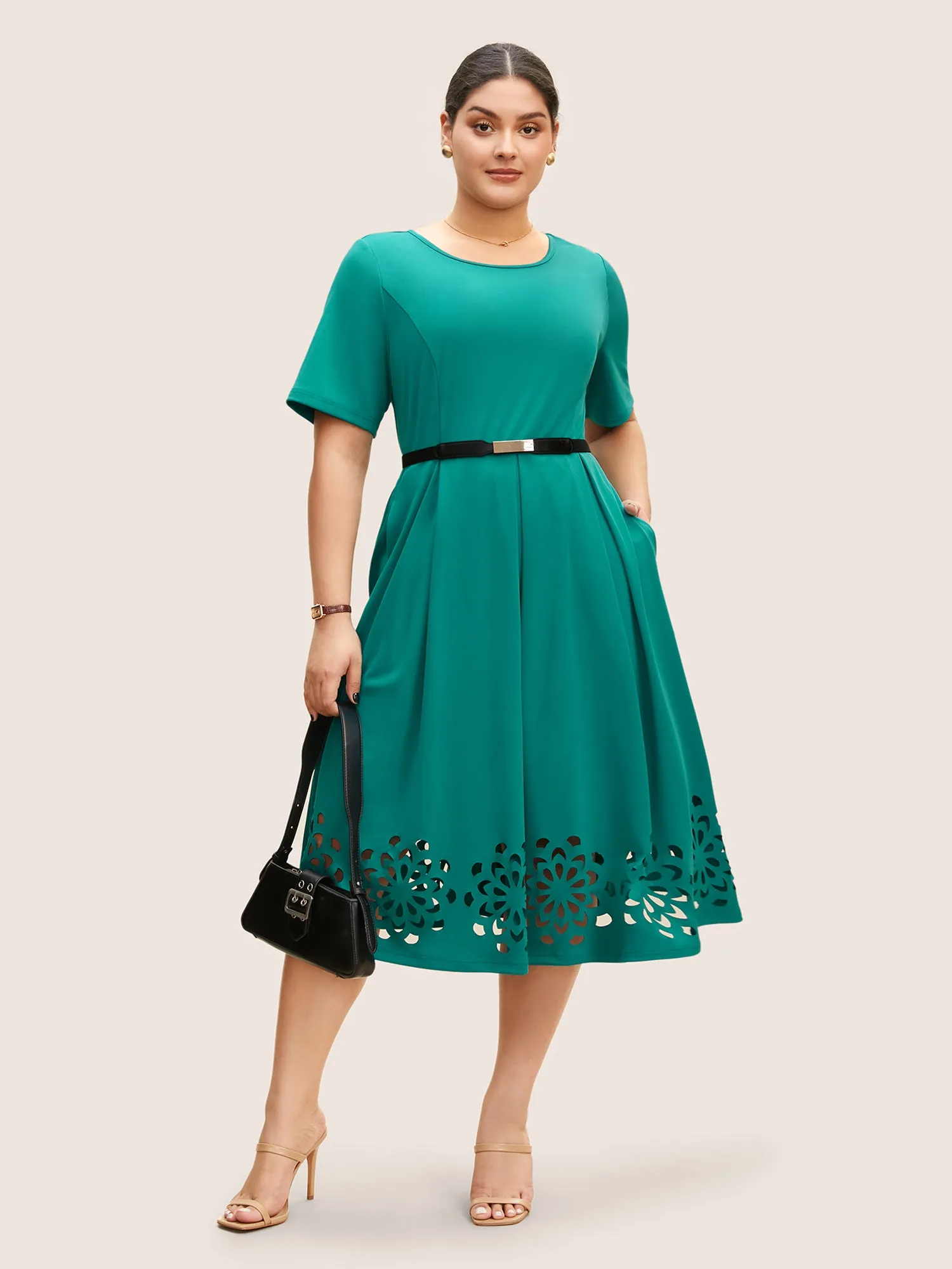 Round Neck Laser Cut Plicated Detail Midi Dress sold by Bloomchic product image thumbnail 2