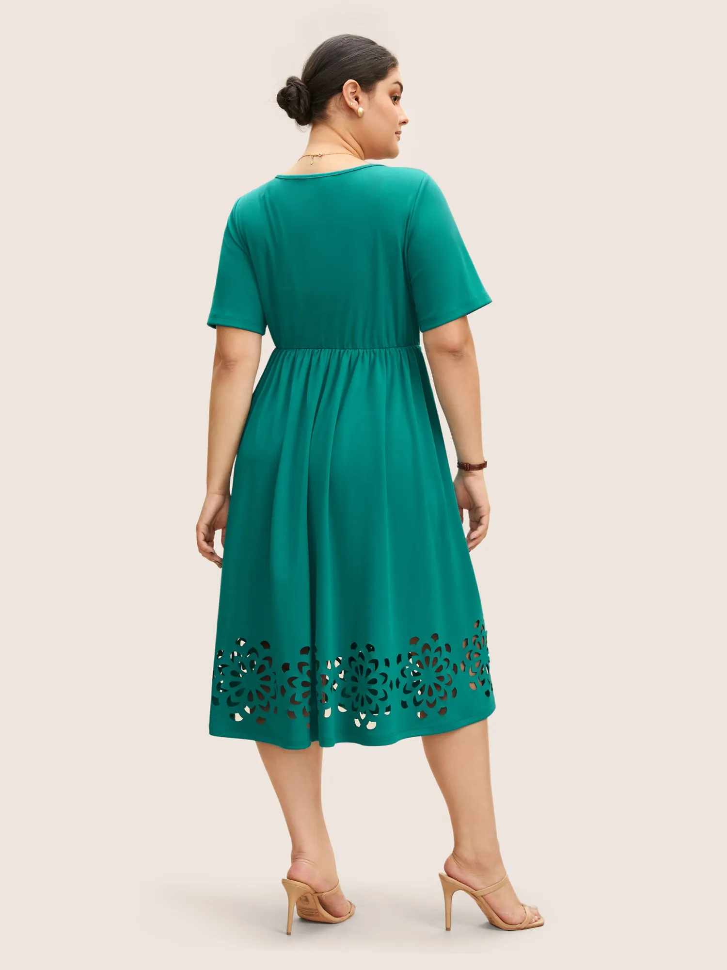 Round Neck Laser Cut Plicated Detail Midi Dress sold by Bloomchic product image thumbnail 4