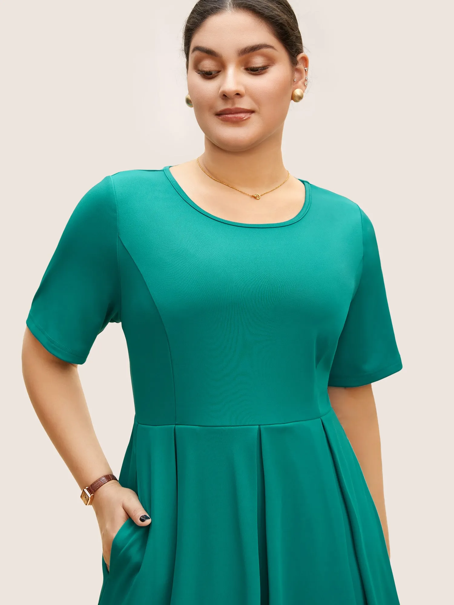 Round Neck Laser Cut Plicated Detail Midi Dress sold by Bloomchic product image thumbnail 3