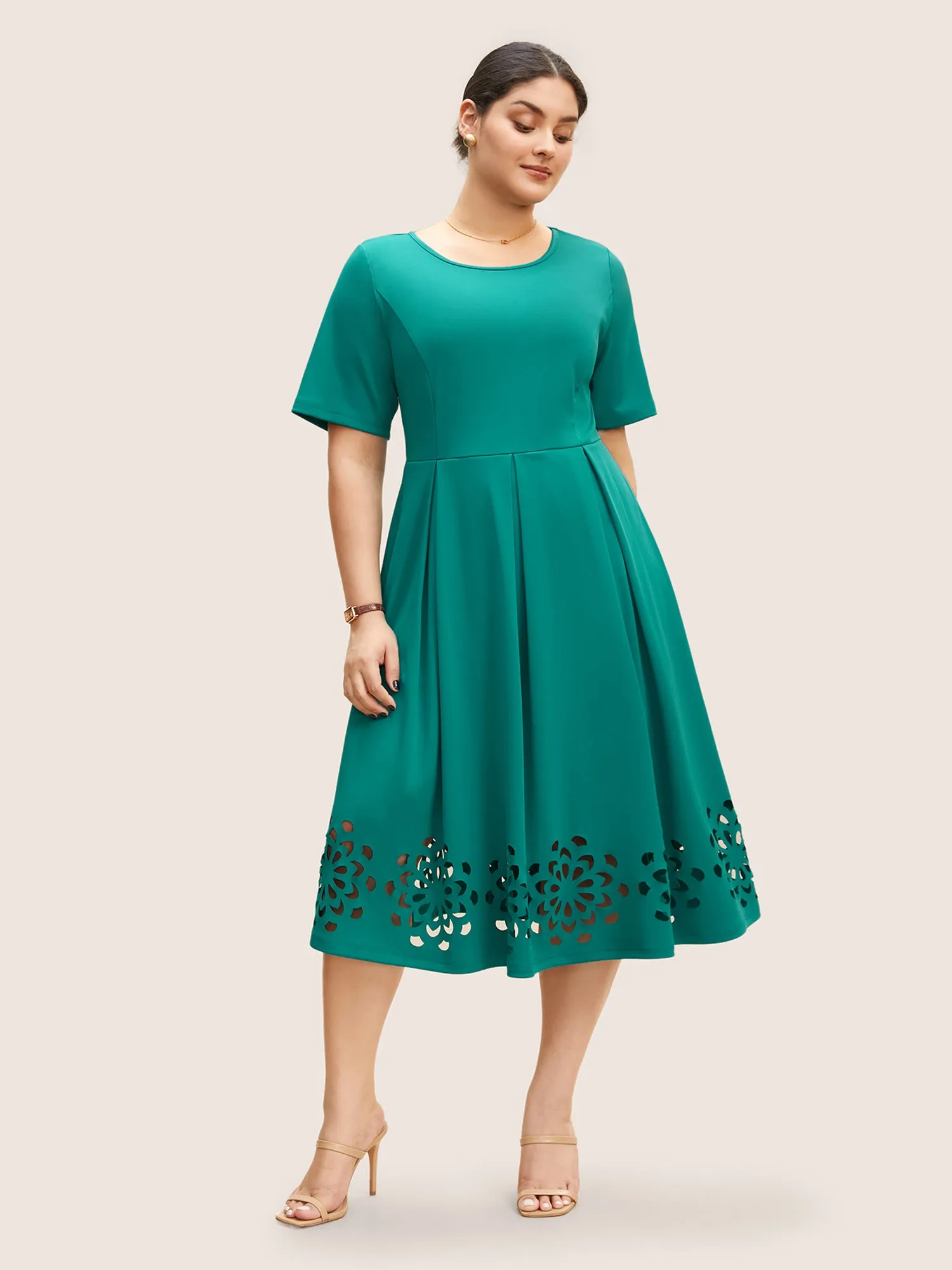 Round Neck Laser Cut Plicated Detail Midi Dress sold by Bloomchic