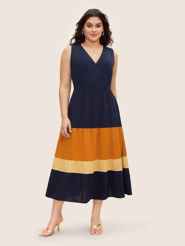 Patchwork Contrast Overlap Collar Sleeveless Dress sold by Bloomchic