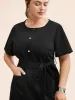Crew Neck Metal Button Detail Belted Dress sold by Bloomchic