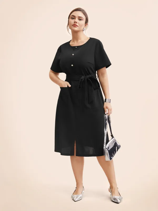 Crew Neck Metal Button Detail Belted Dress sold by Bloomchic