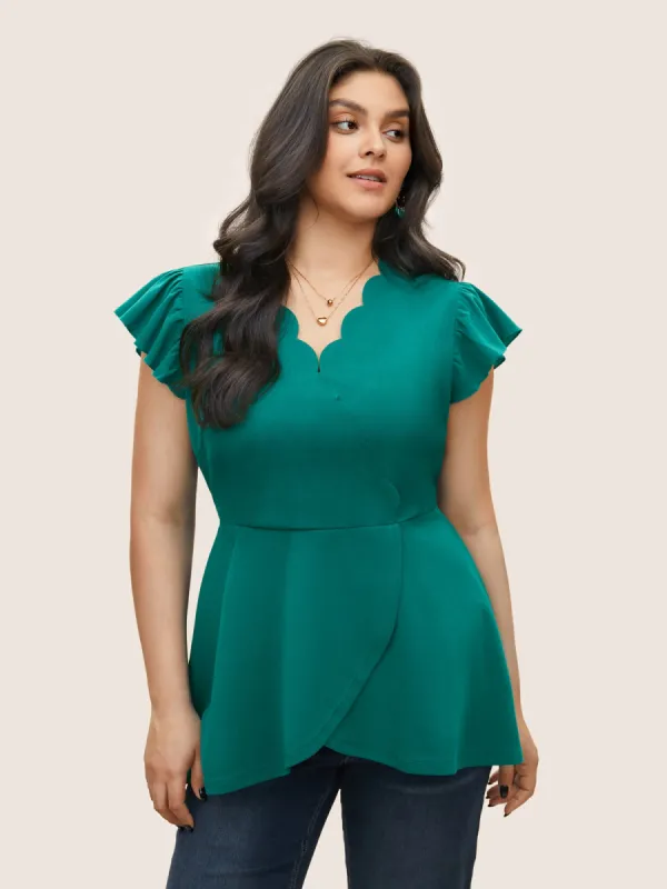 Solid Ruffle Cap Sleeve Scalloped Trim Blouse sold by Bloomchic