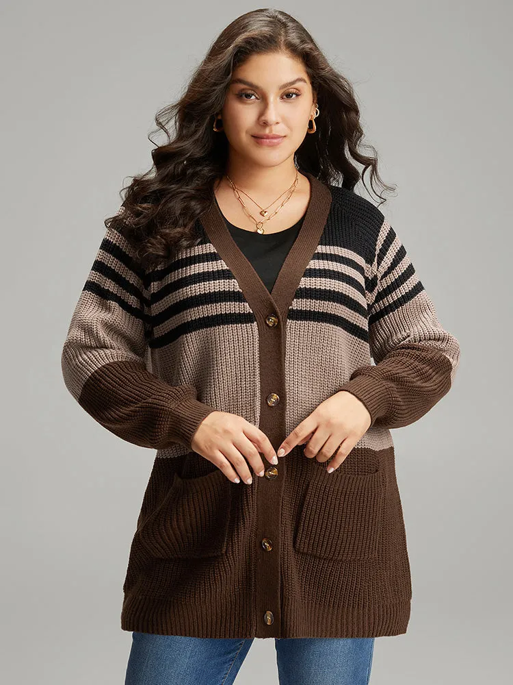 Striped Colorblock Patched Pocket Cardigan sold by Bloomchic
