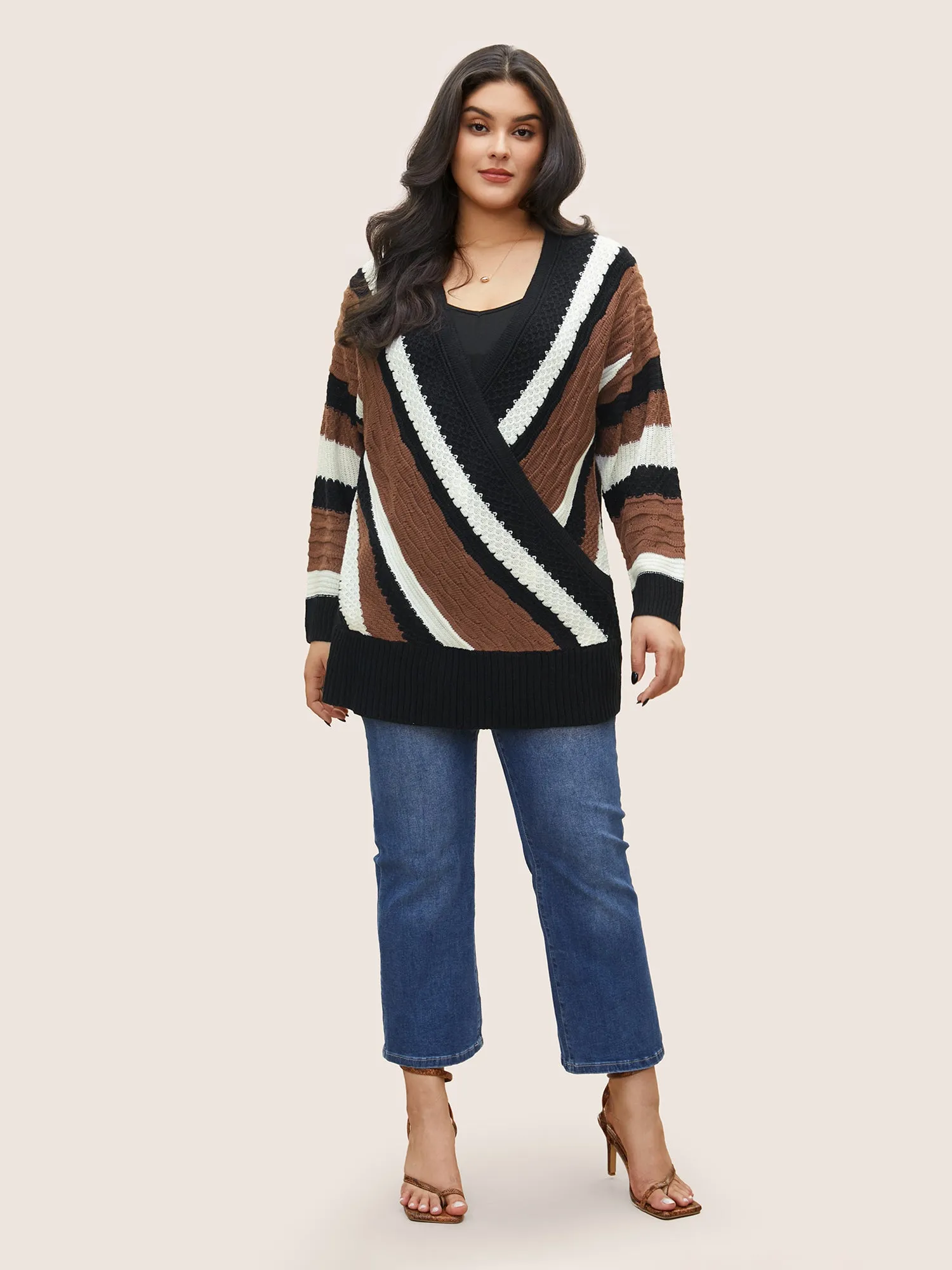 Contrast Colorblock Wrap Deep V Neck Pullover sold by Bloomchic product image thumbnail 3