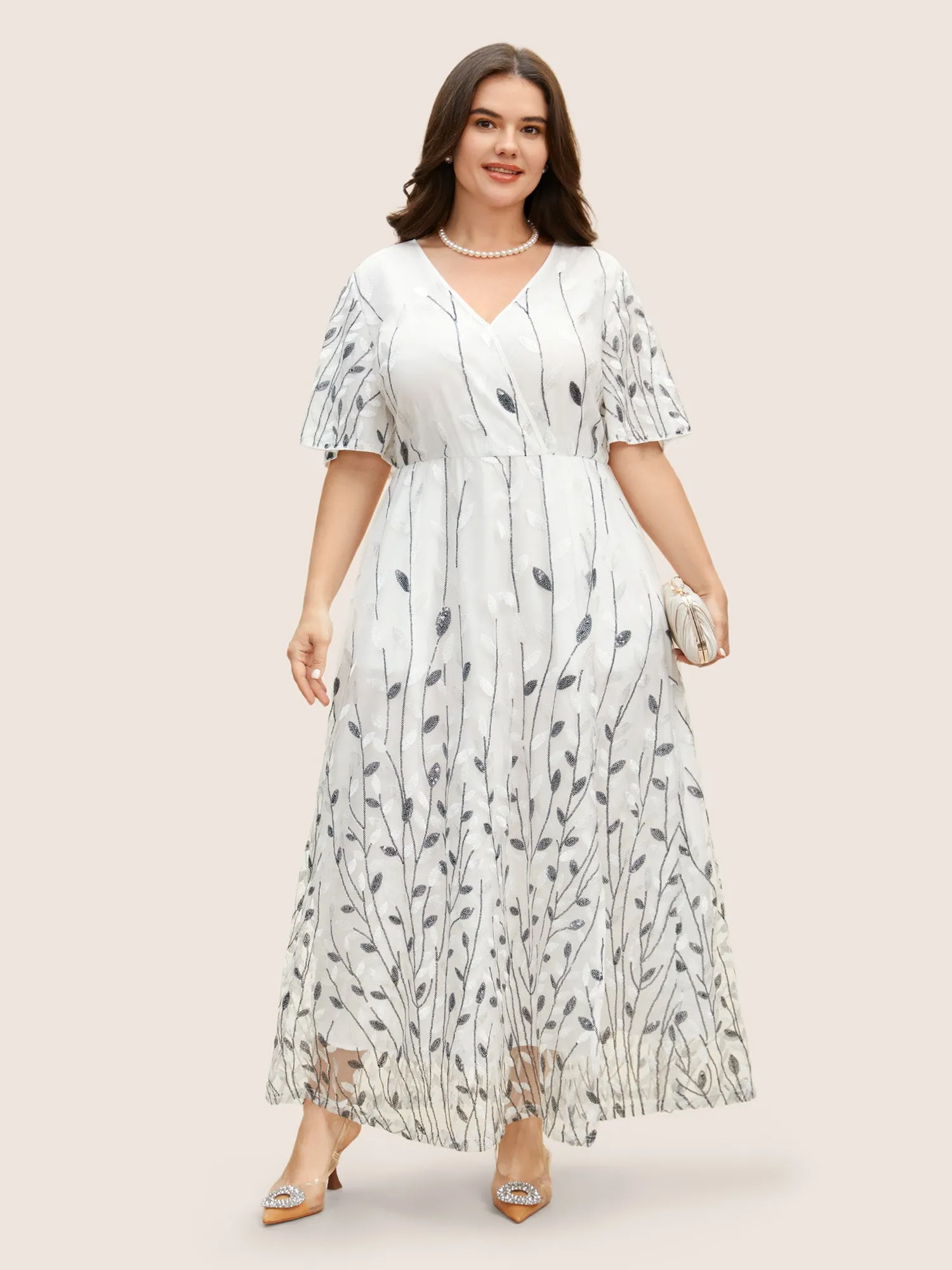 Sequin Mesh Embroidered Wrap Split Hem Dress sold by Bloomchic product image thumbnail 2